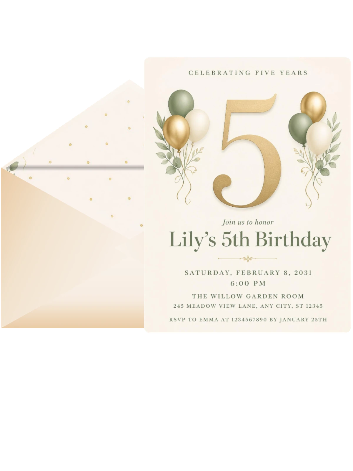 Sage and Ivory 5th Birthday Invitation