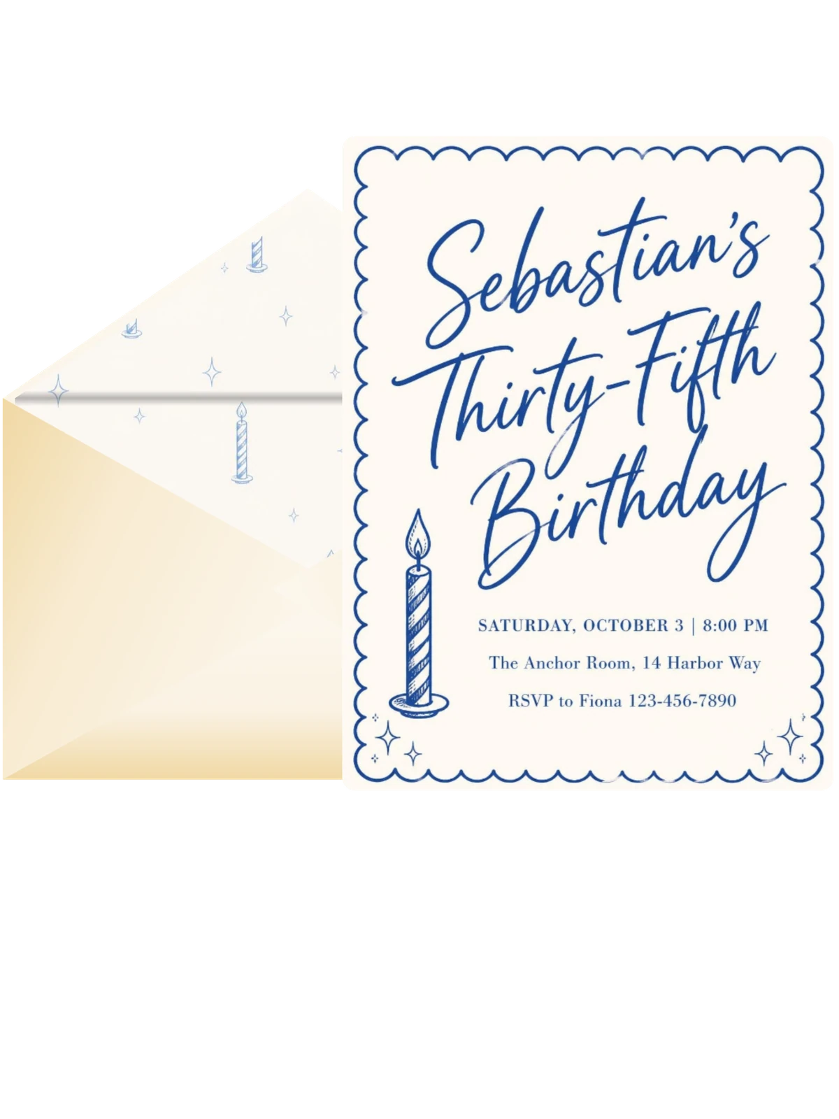 Blue Scalloped Border 35th Birthday Invitation