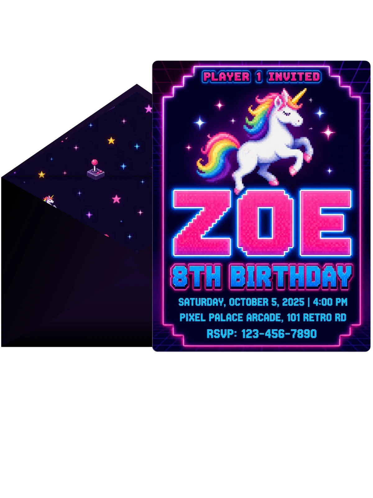 Neon Pixel Unicorn Arcade 8th Birthday
