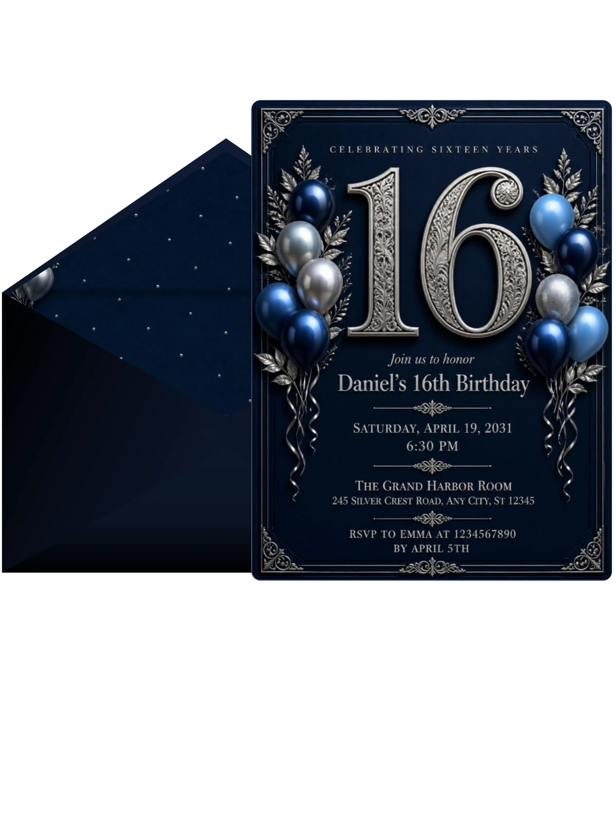 Navy and Silver 16th Birthday Invitation