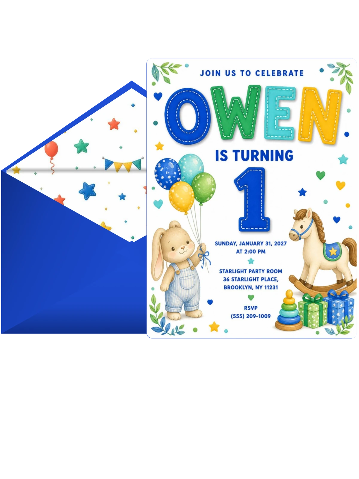 Stitched Bunny Toys 1st Birthday Invitation