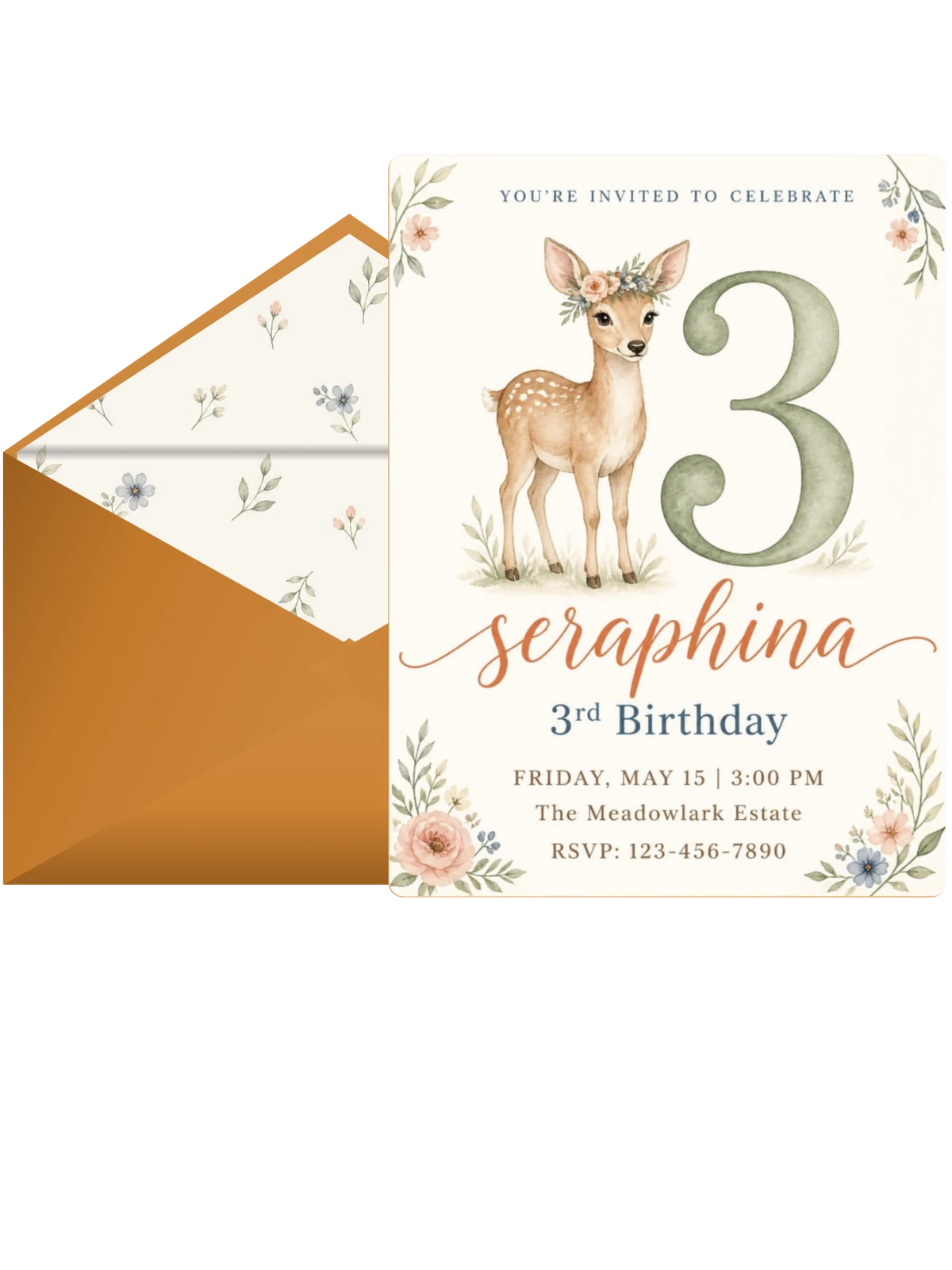 Watercolor Fawn Floral 3rd Birthday