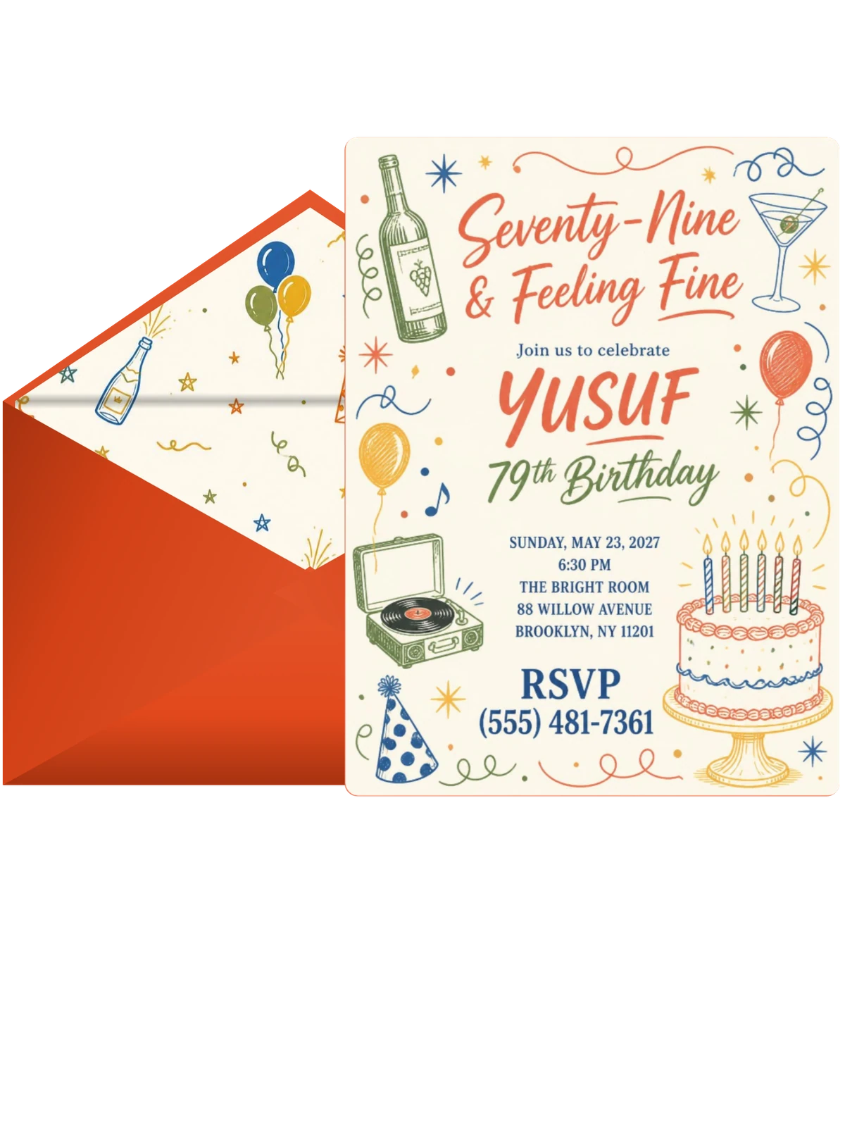 Retro Doodle 79th Birthday Invitation
