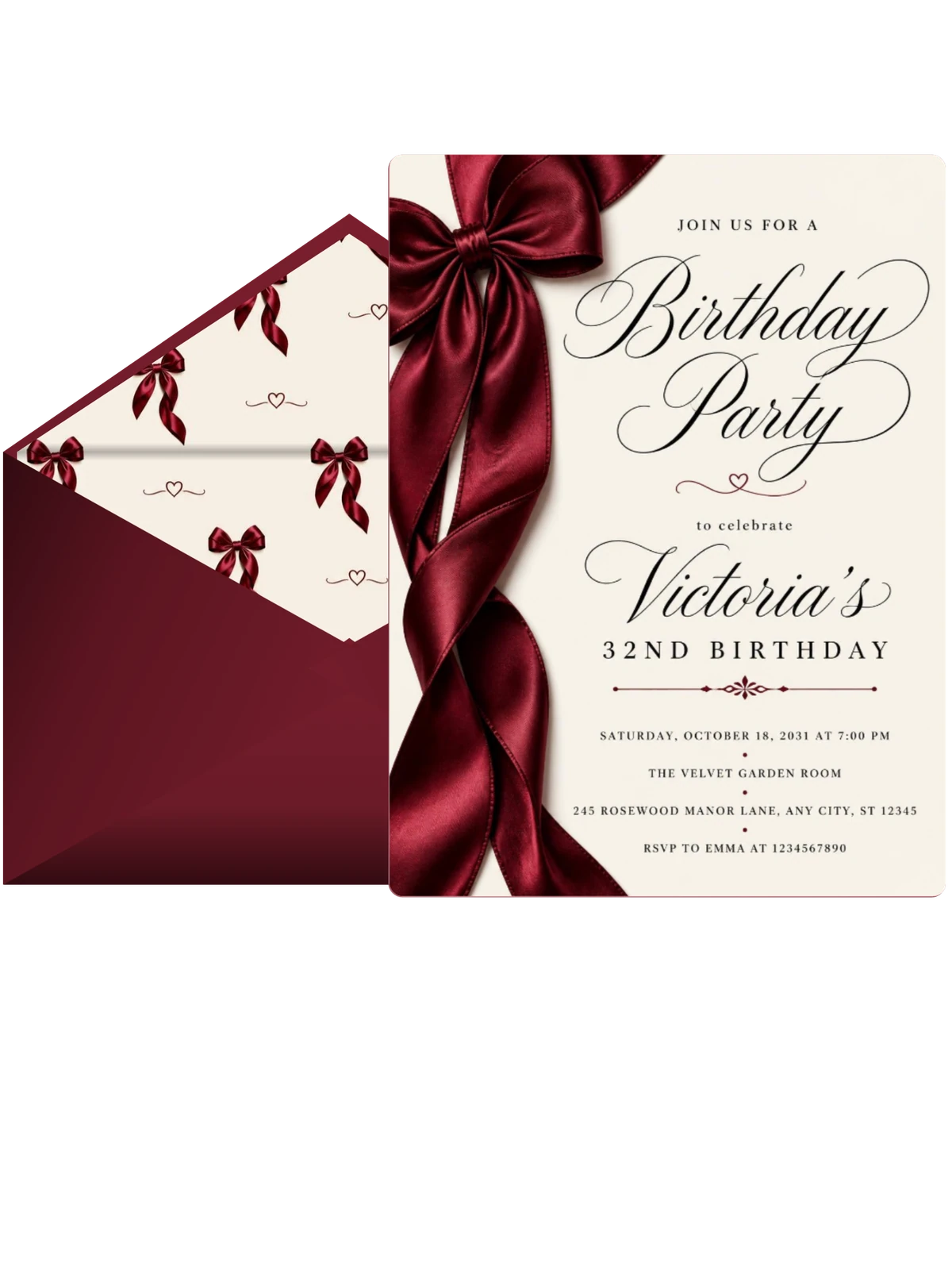 Burgundy Satin Bow 32nd Birthday Invitation