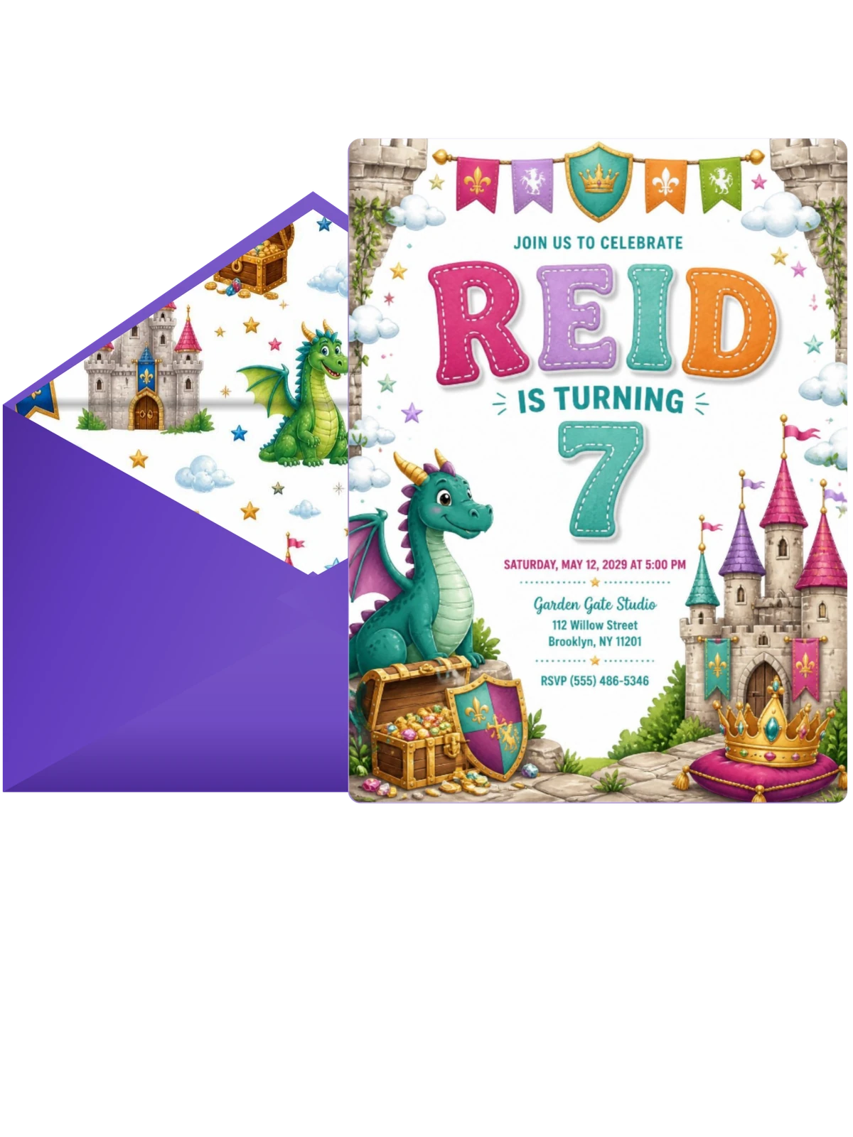 Stitched Dragon Castle 7th Birthday Invitation