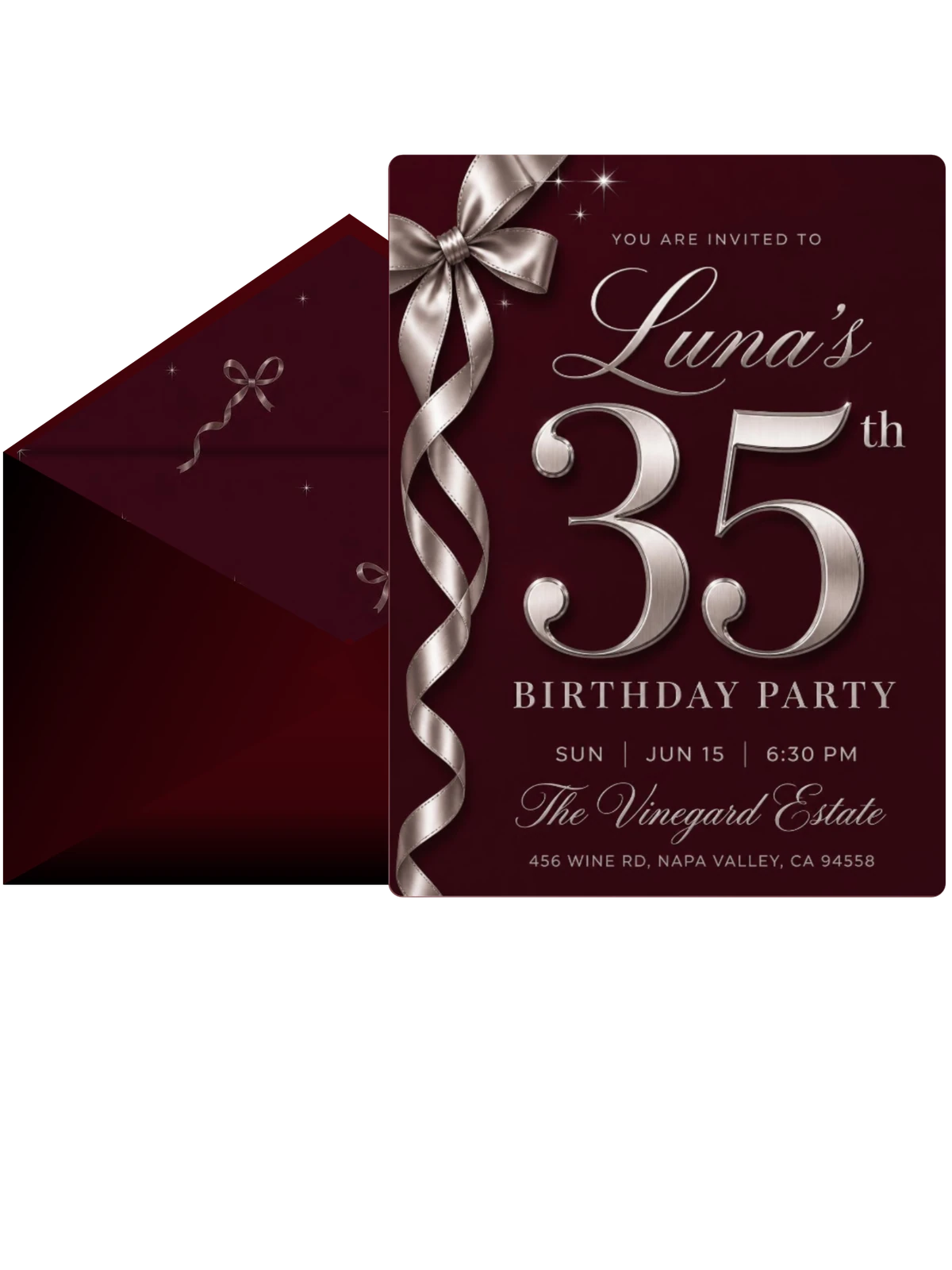 Burgundy Silver Ribbon 35th Birthday Invitation