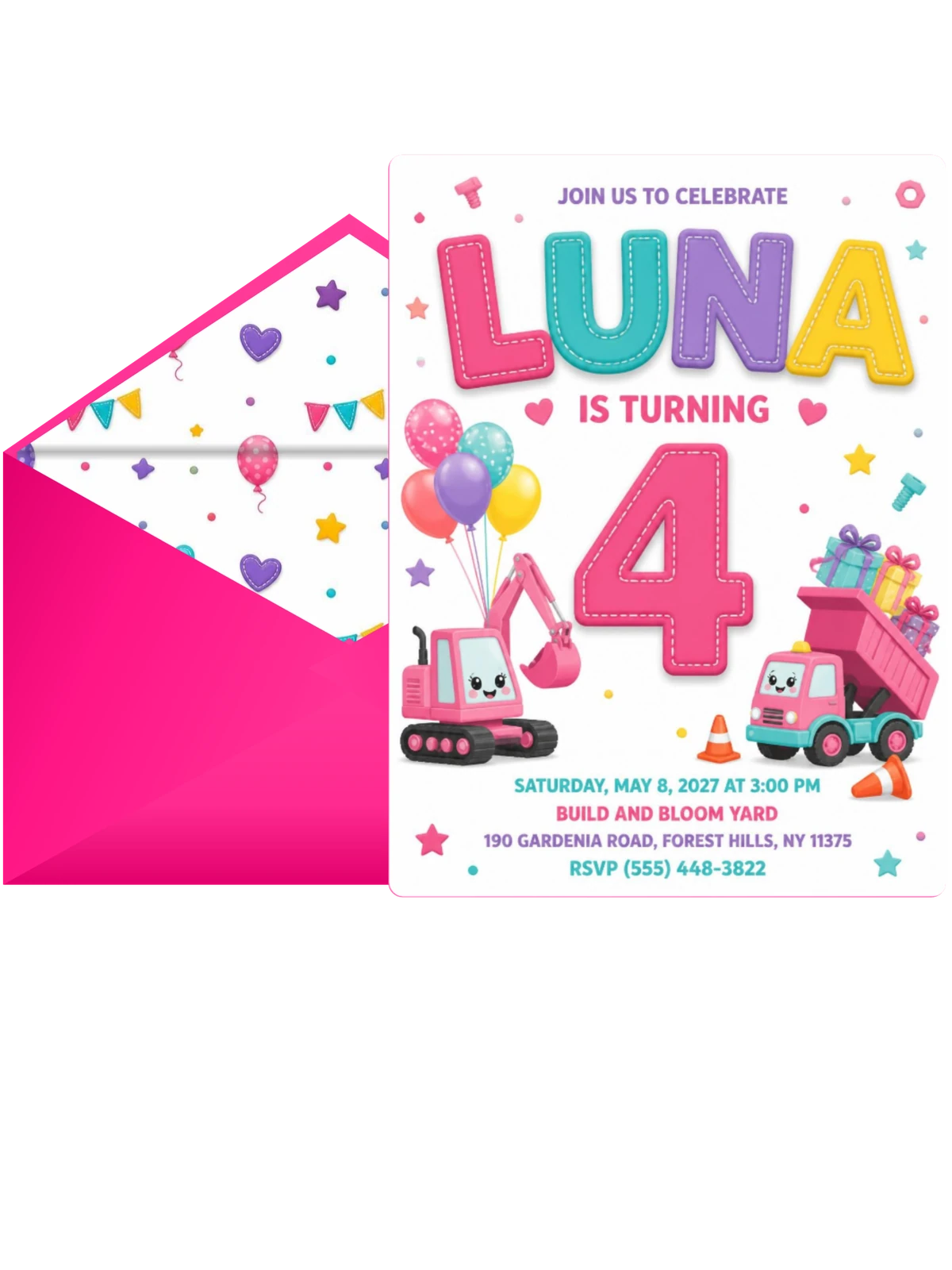 Pink Construction 4th Birthday Invitation