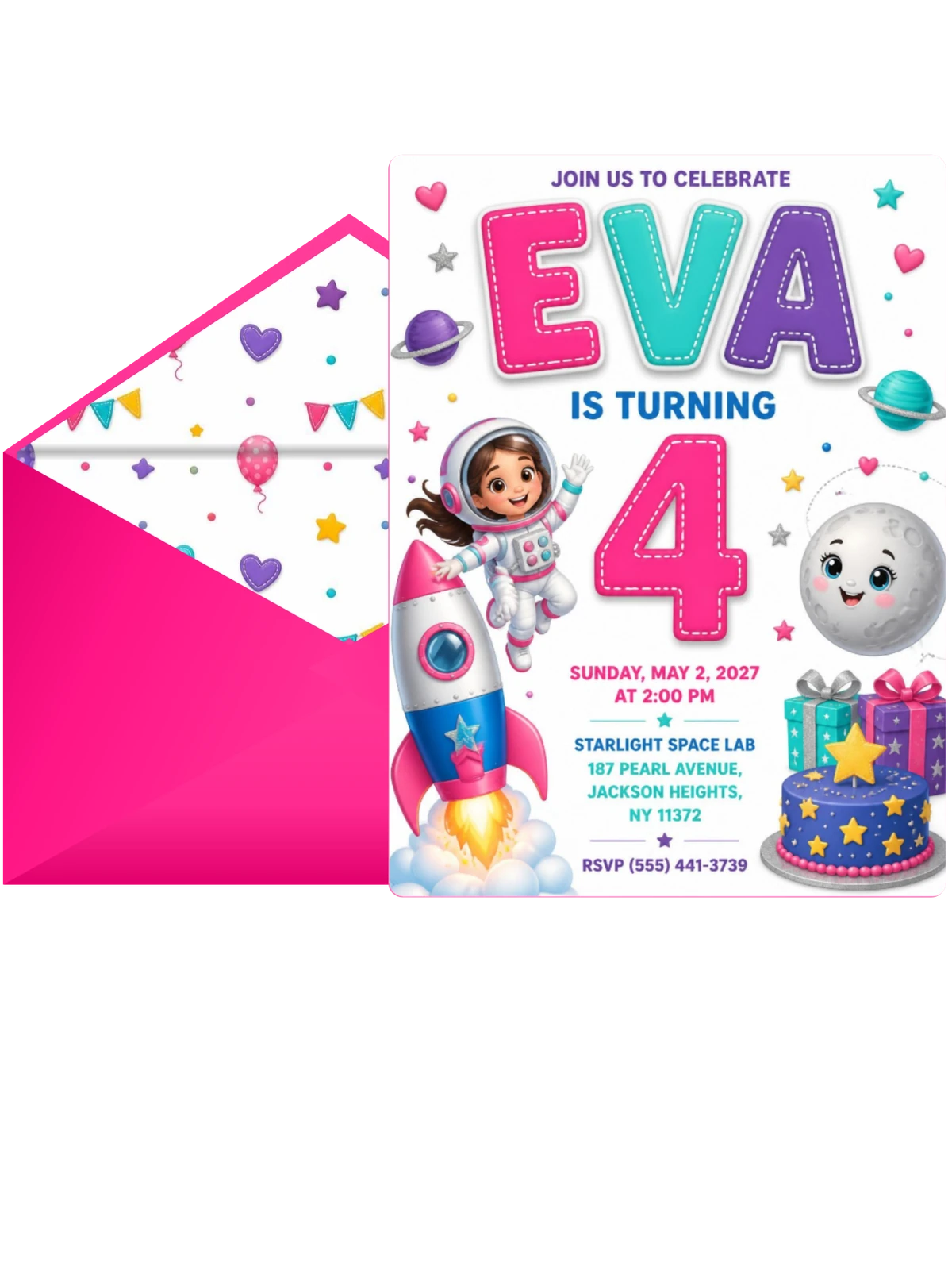 Stitched Astronaut Girl 4th Birthday Invitation