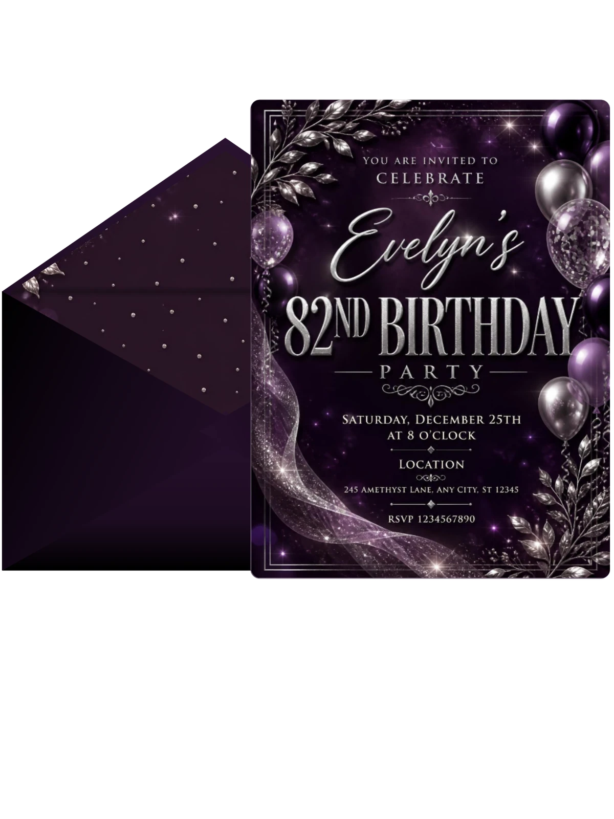 Plum and Silver 82nd Birthday Invitation