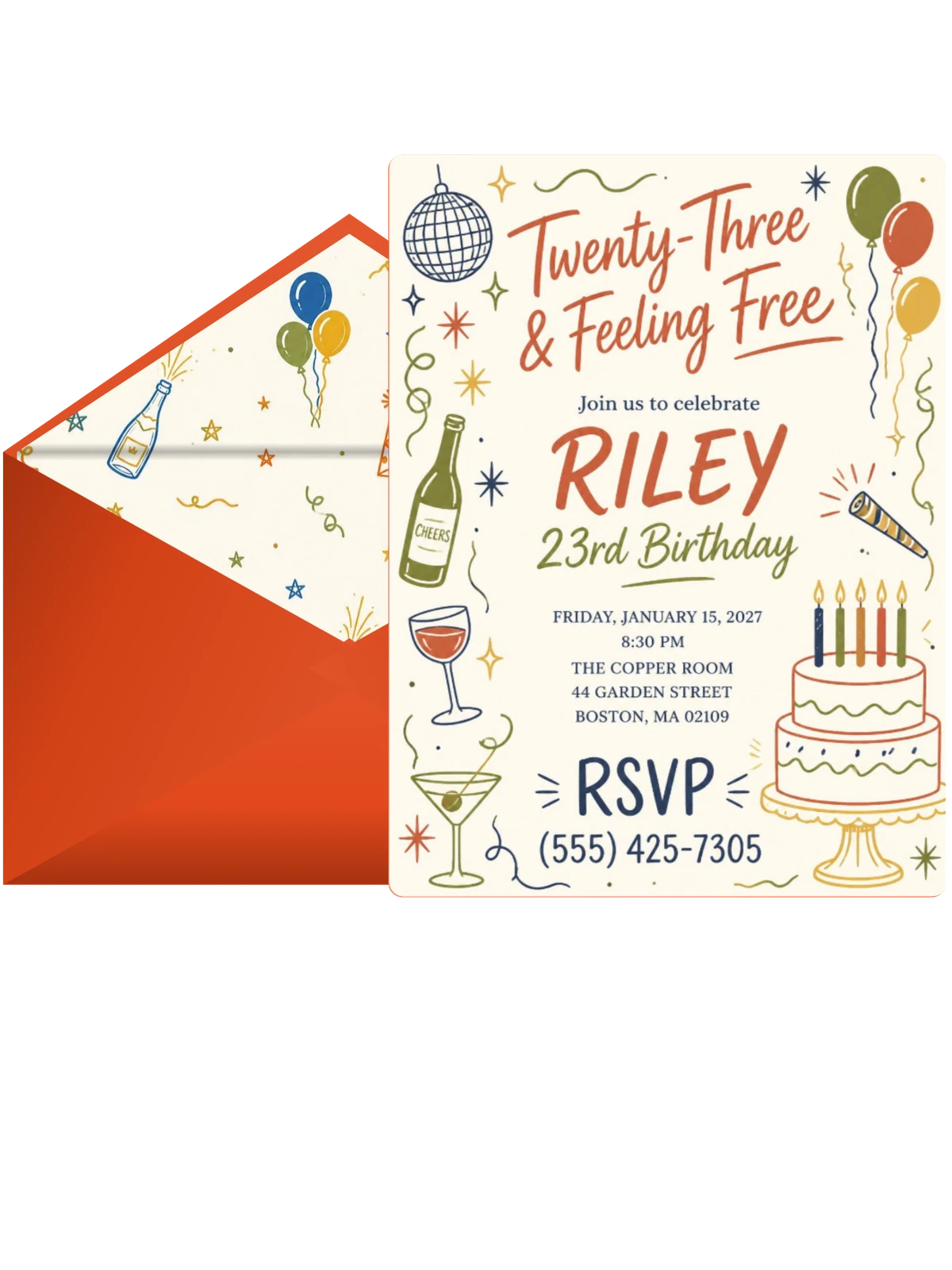 Retro Doodle 23rd Birthday Invitation