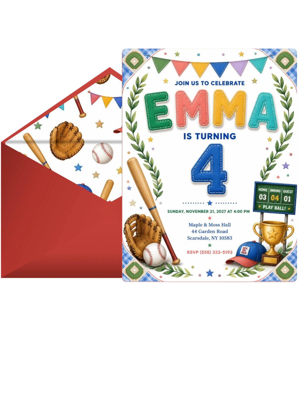 Stitched Baseball 4th Birthday Invitation