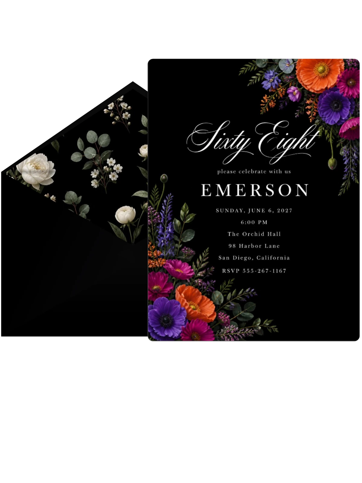 Black Floral 68th Birthday Invitation