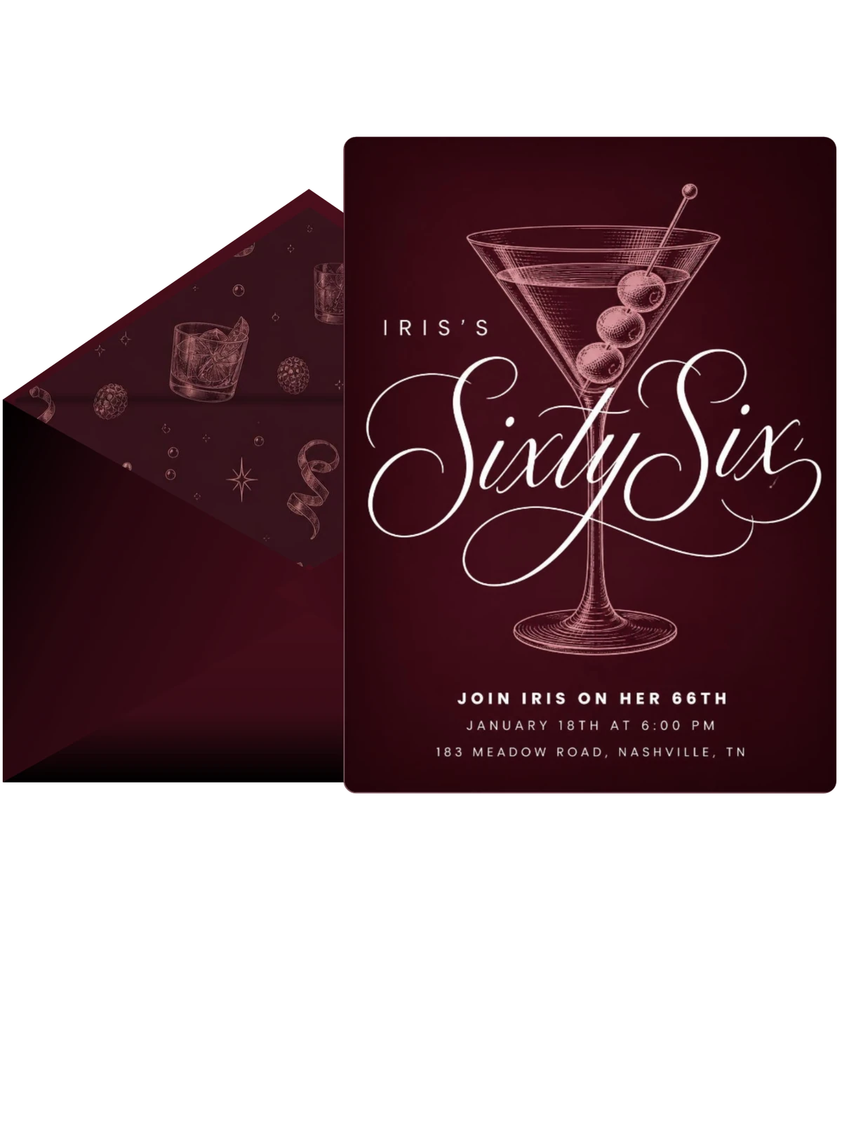 Burgundy Cocktail 66th Birthday Invitation