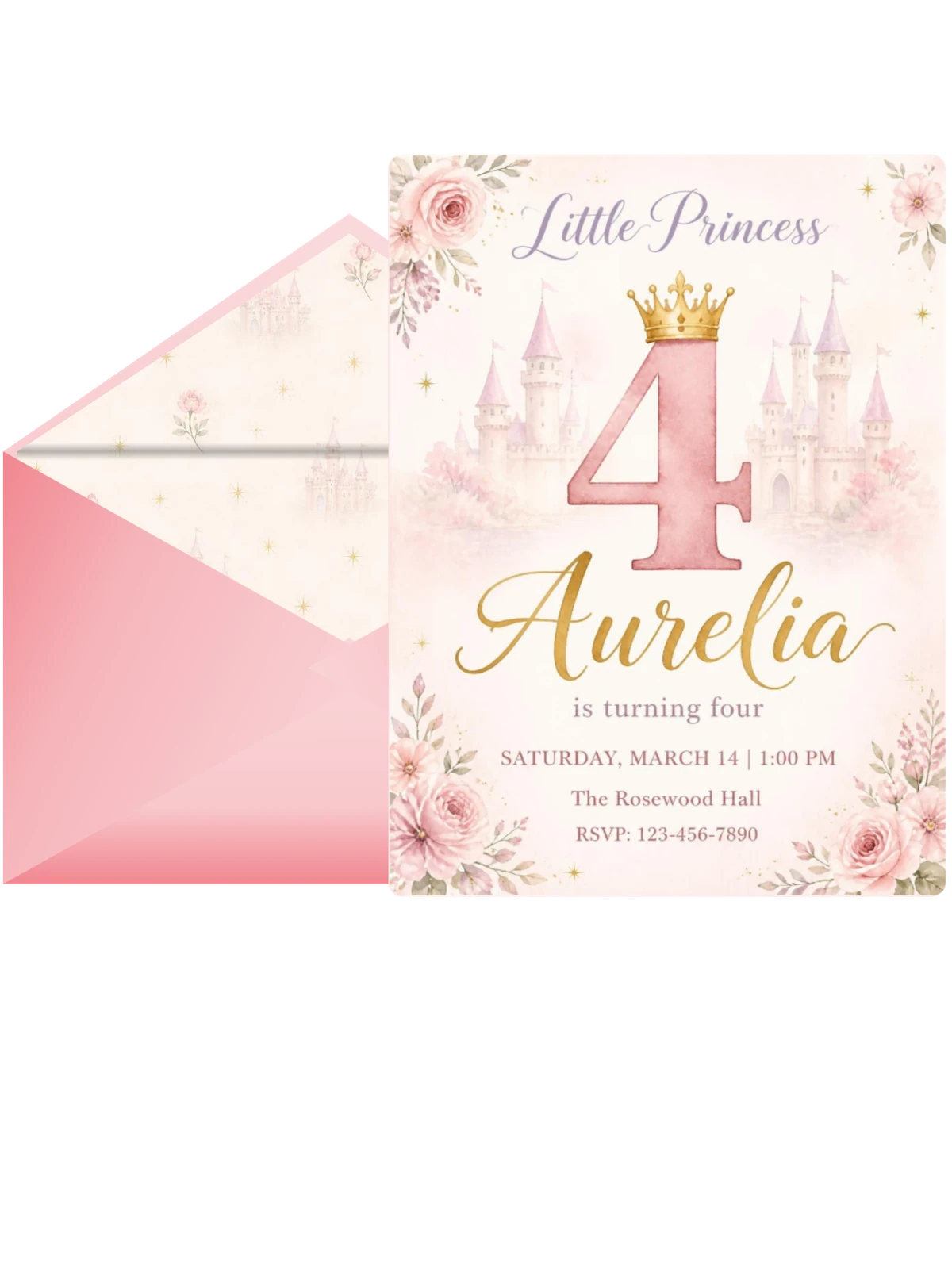 Blush Watercolor Castle 4th Birthday Invitation