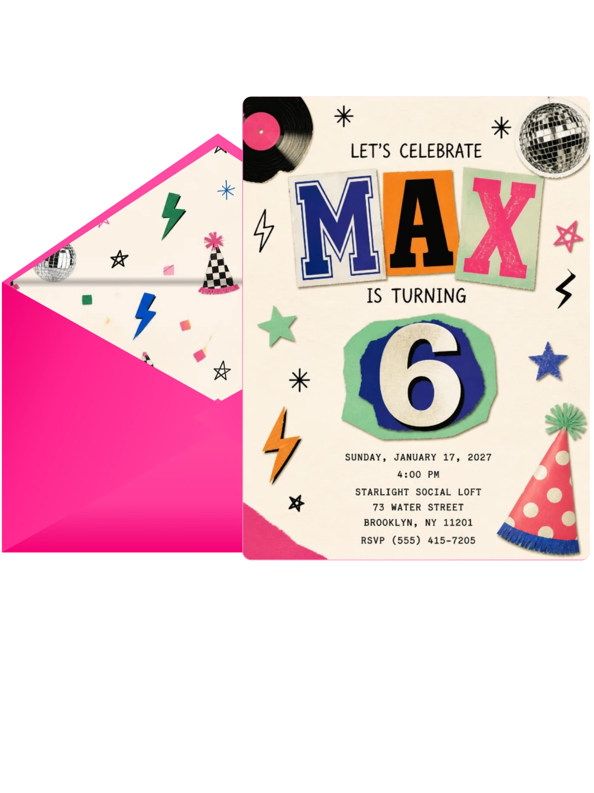 Retro Paper Collage 6th Birthday Invitation