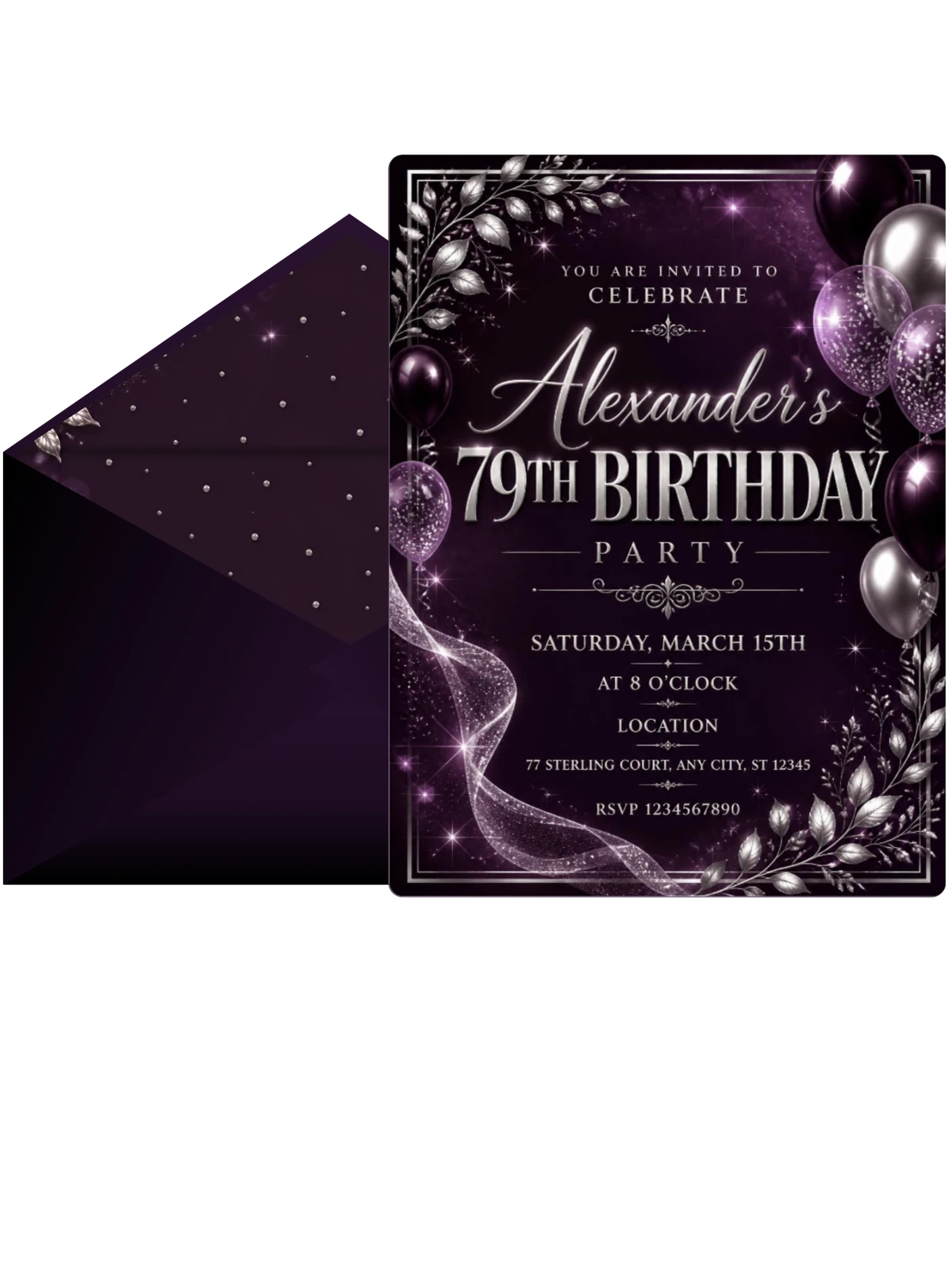 Plum and Silver 79th Birthday Invitation
