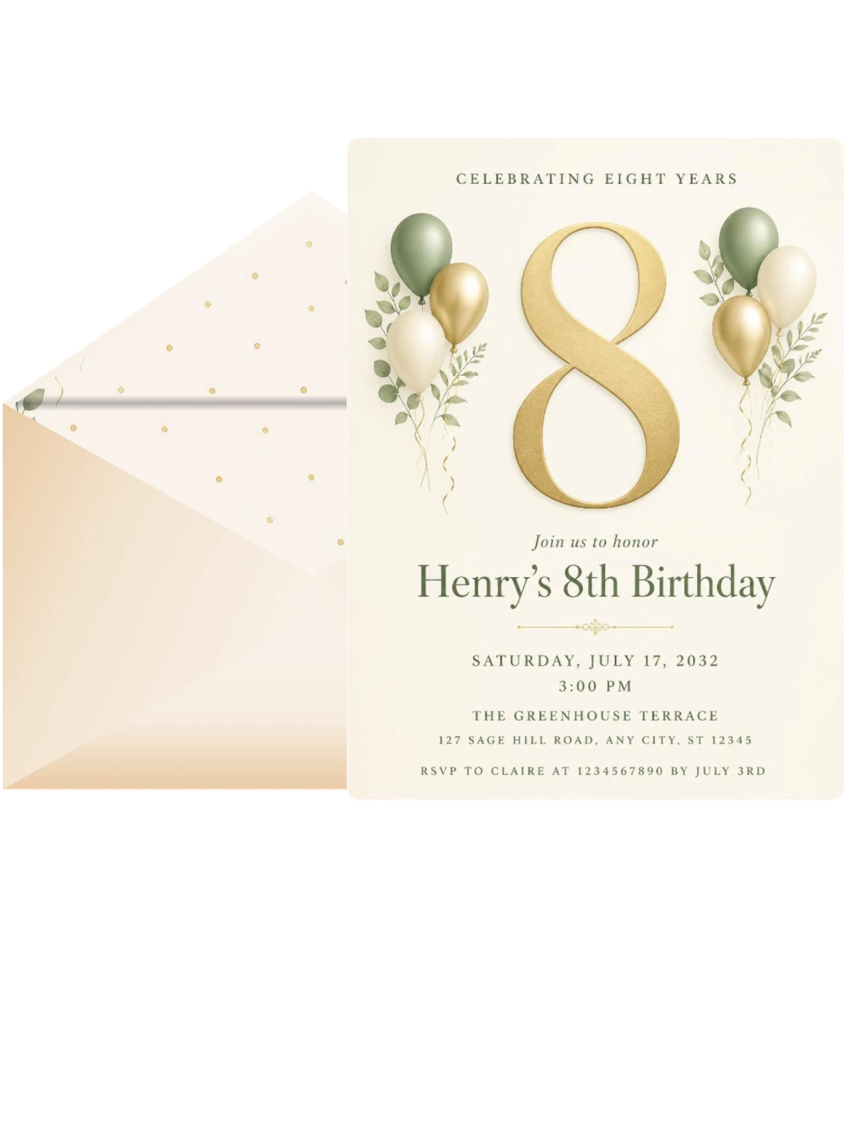 Sage and Ivory 8th Birthday Invitation