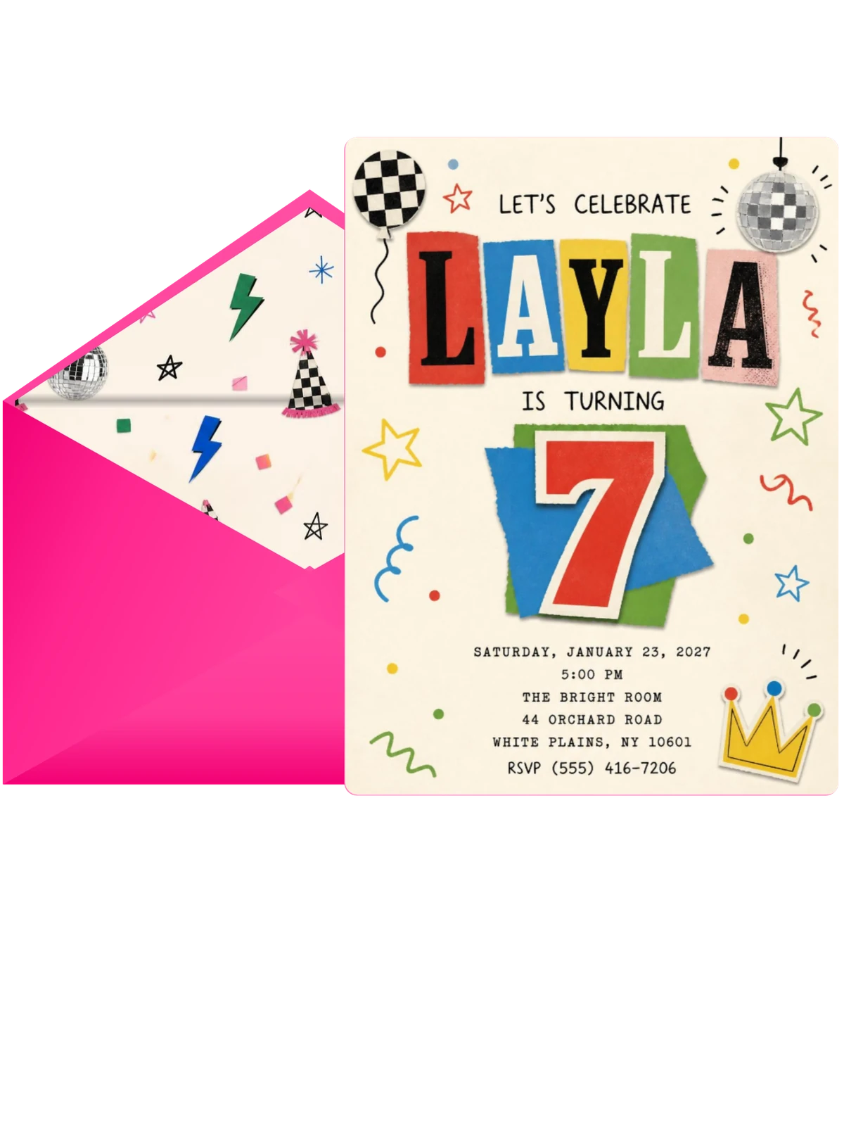 Retro Paper Collage 7th Birthday Invitation