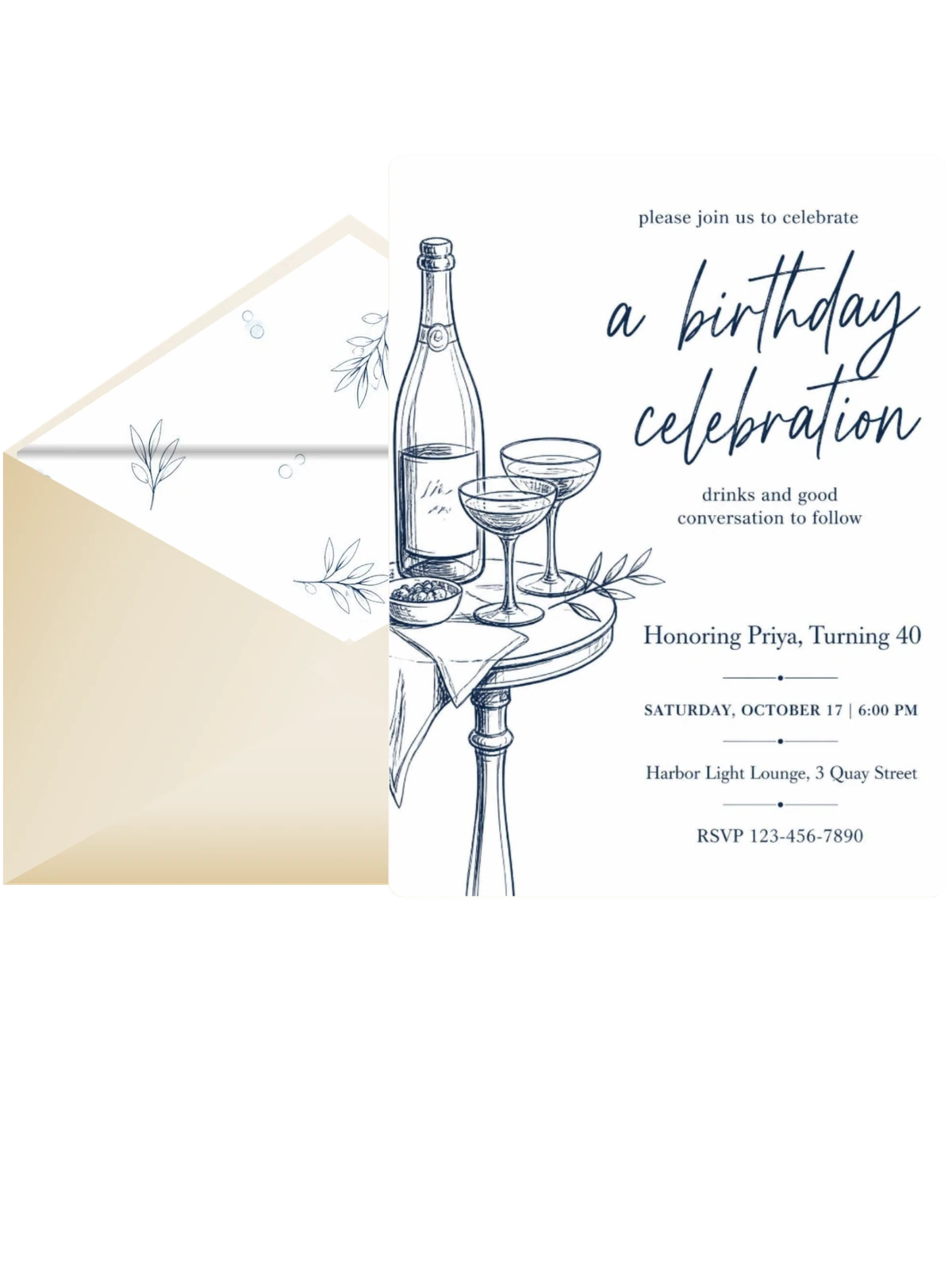 Navy Ink Sketch Champagne 40th Birthday