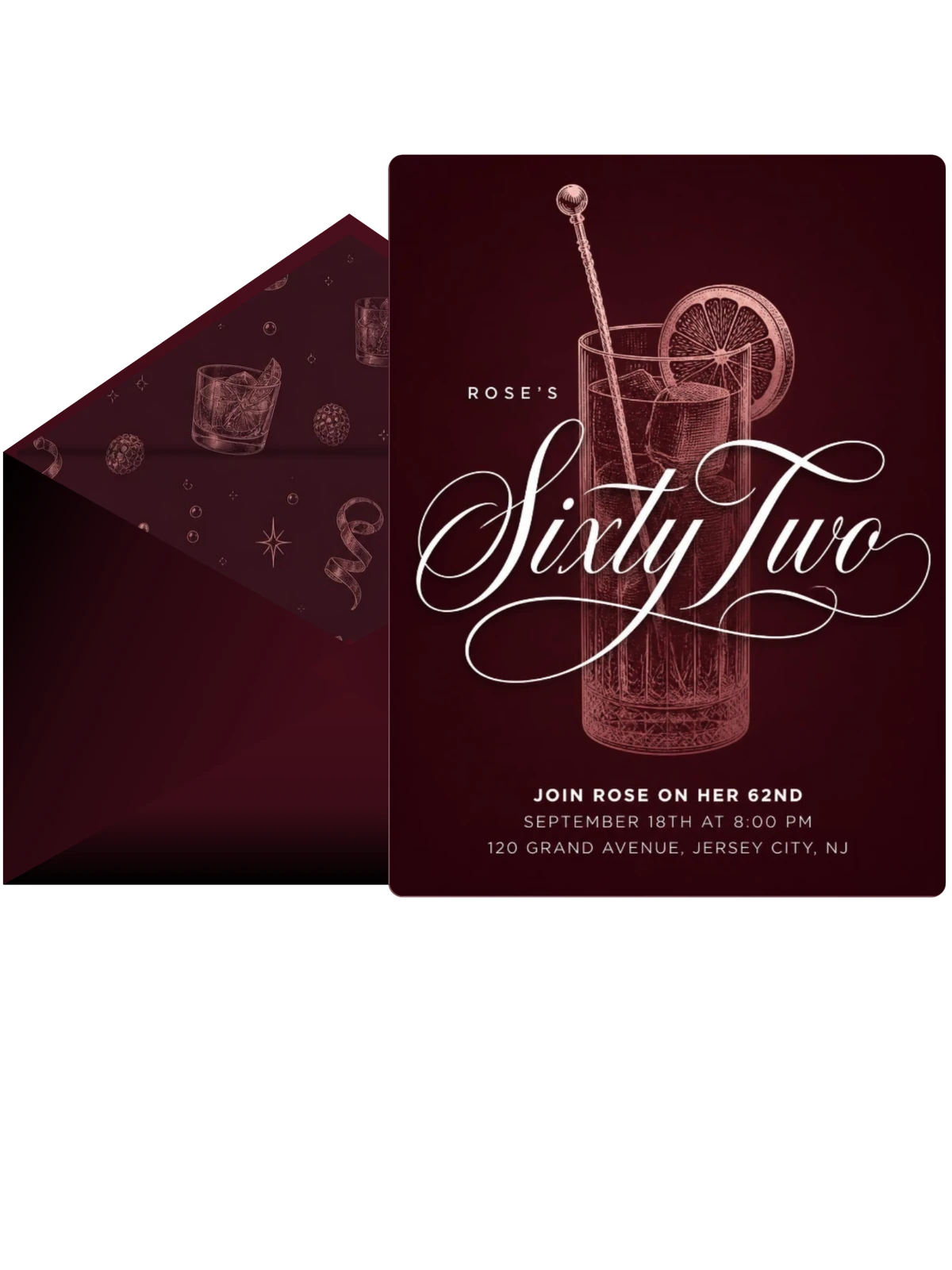 Burgundy Cocktail 62nd Birthday Invitation