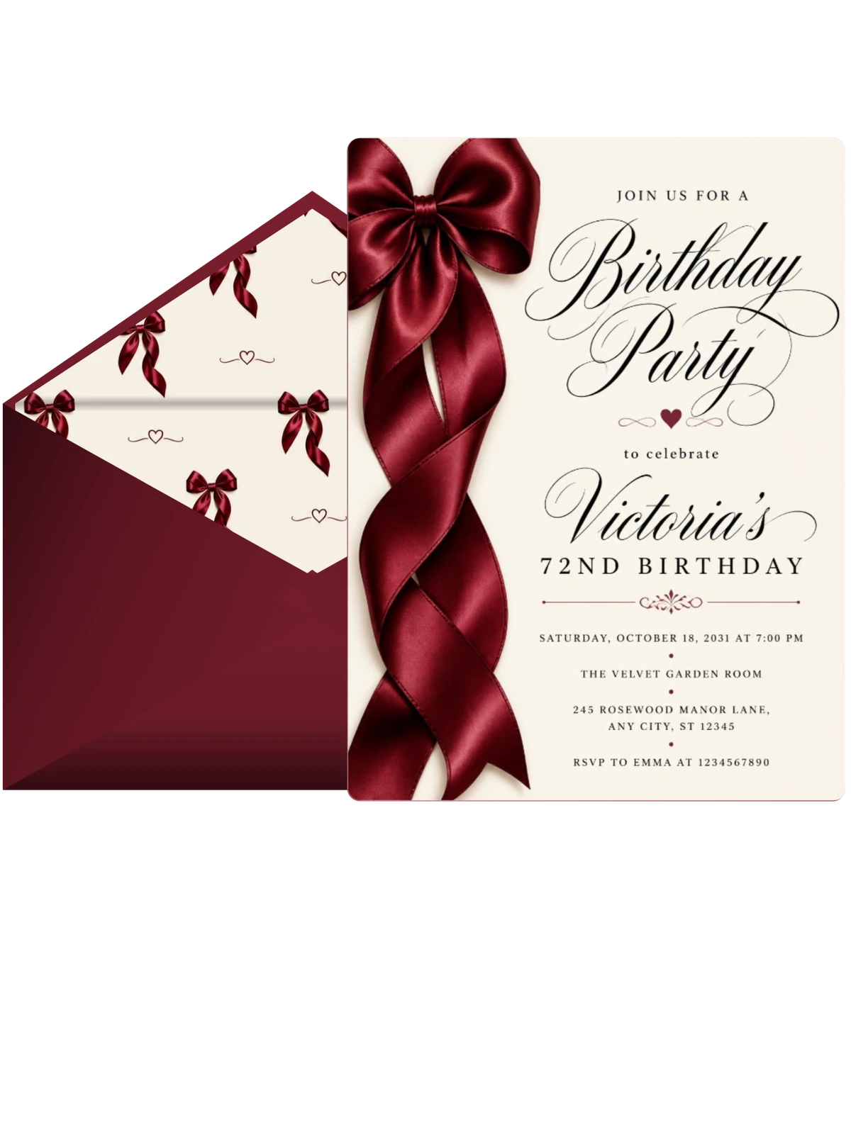 Burgundy Satin Bow 72nd Birthday Invitation