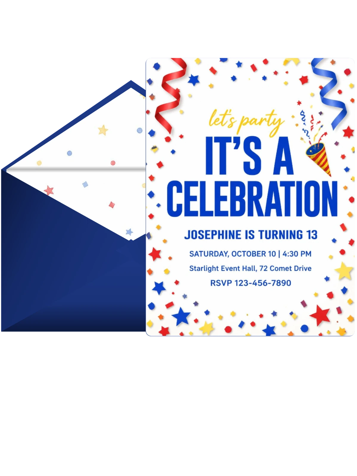 Primary Color Confetti 13th Birthday Invitation