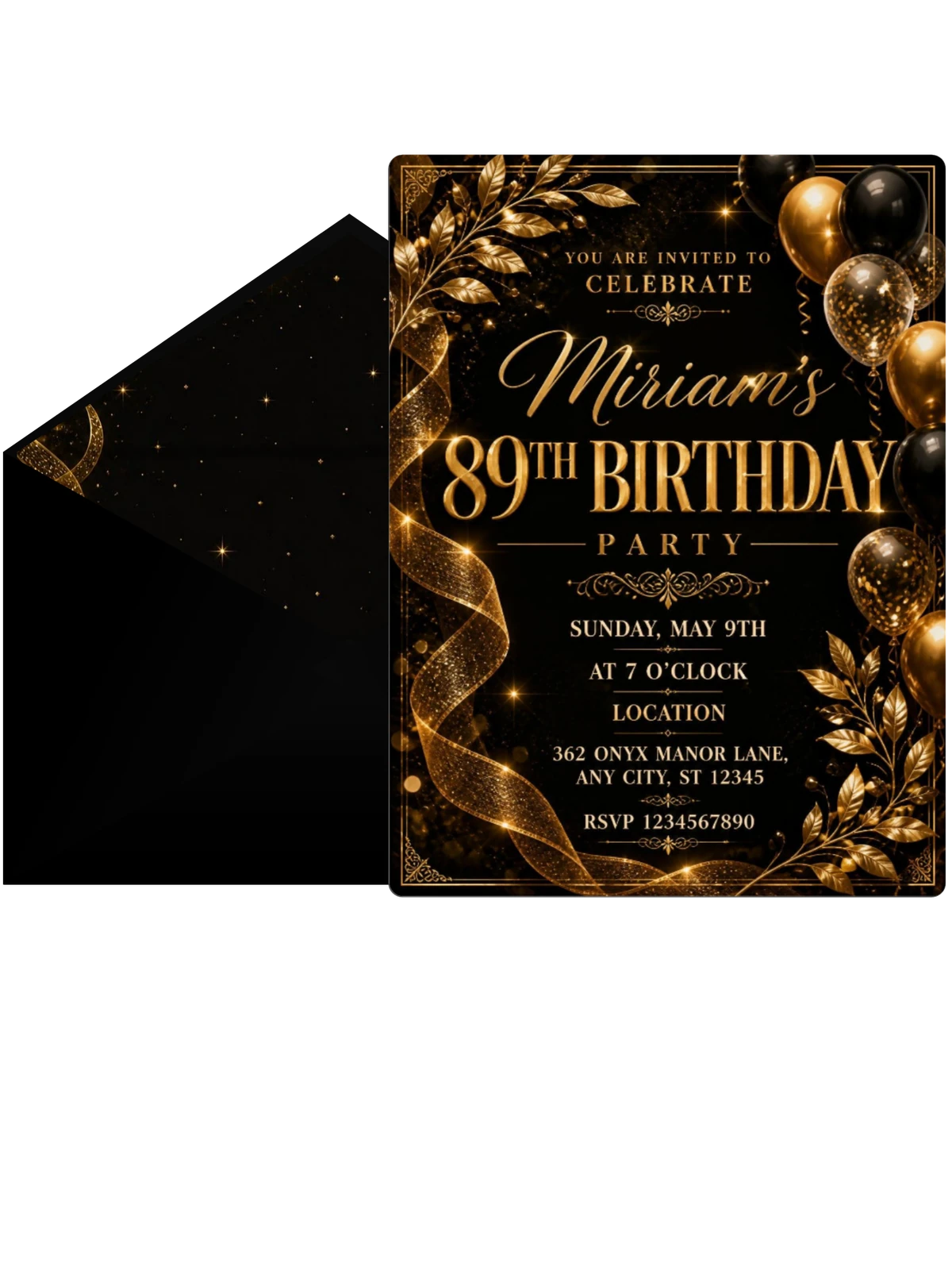 Black and Gold 89th Birthday Invitation
