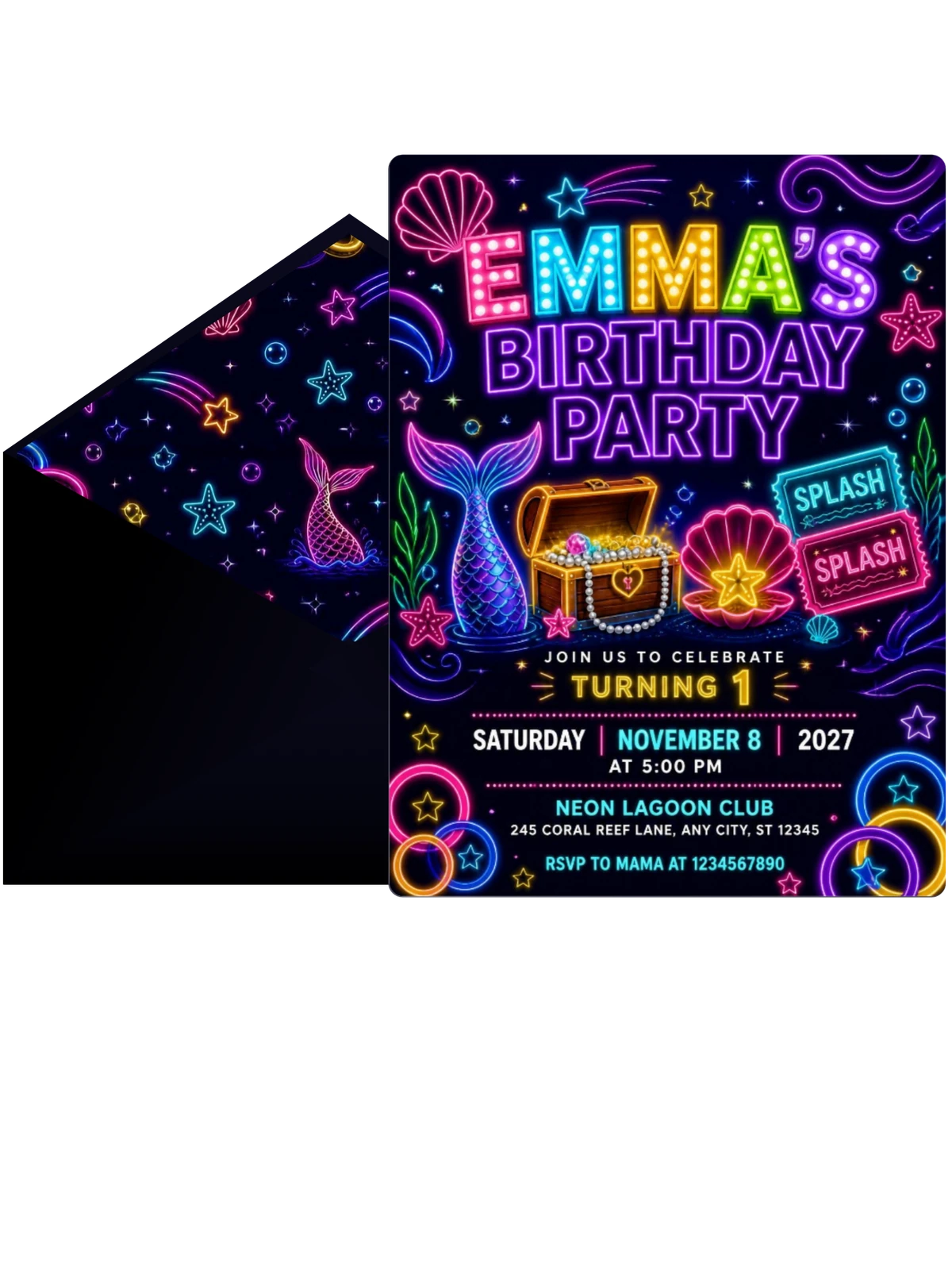 Neon Mermaid 1st Birthday Invitation