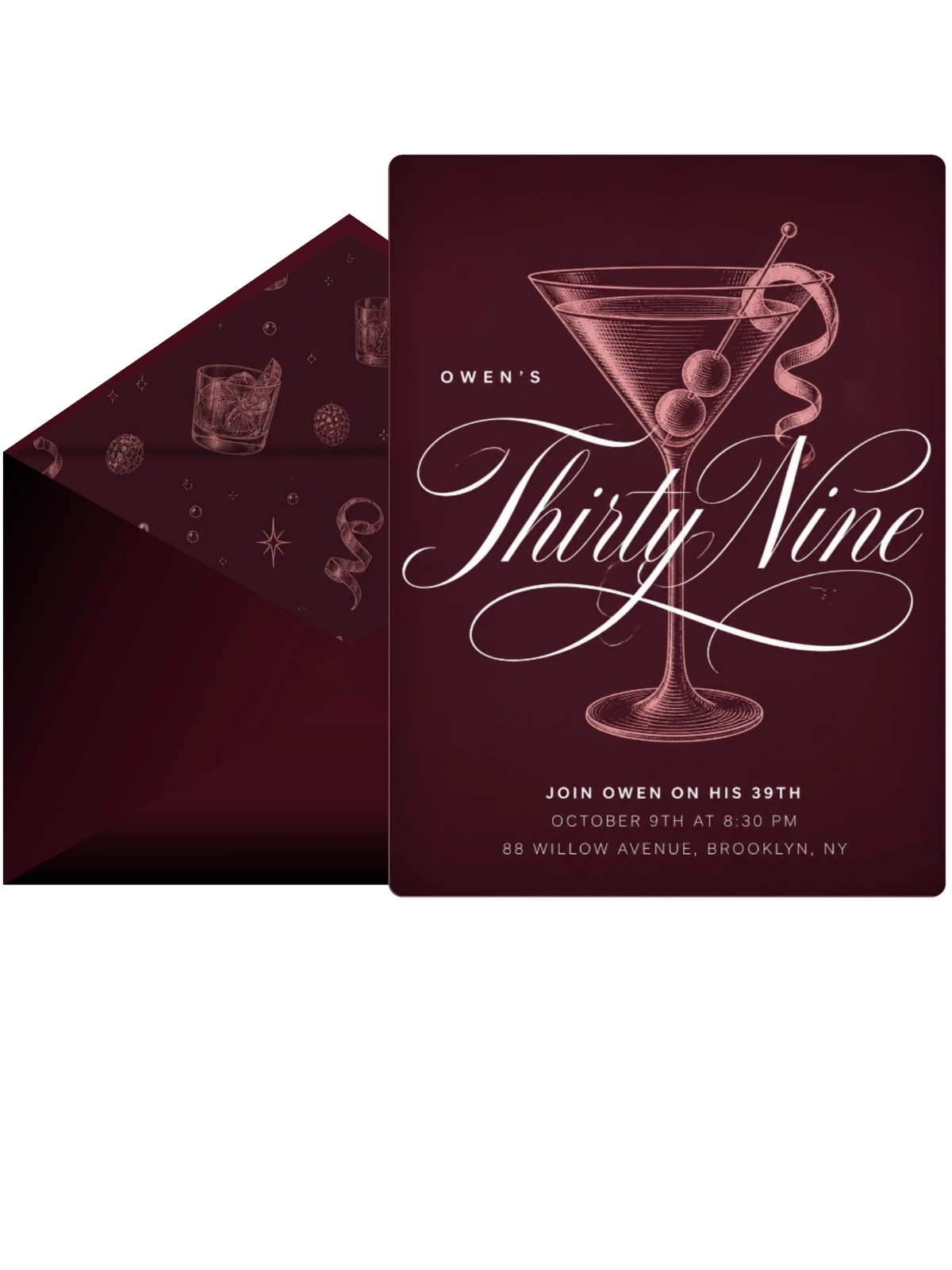 Burgundy Cocktail 39th Birthday Invitation