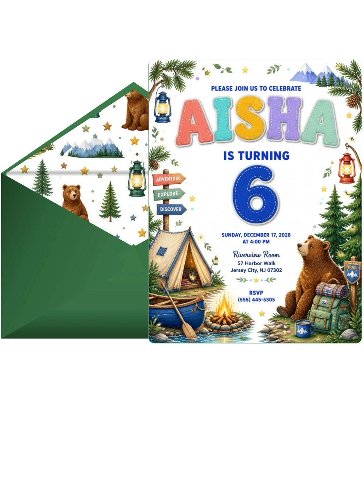 Stitched Camping 6th Birthday Invitation