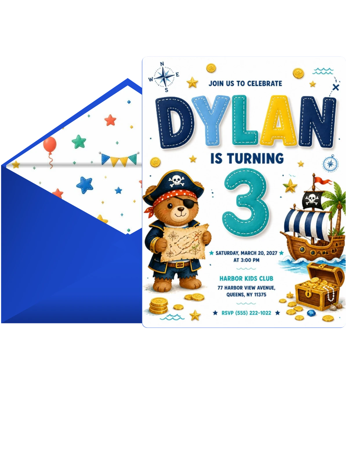 Pirate Ship Stitched 3rd Birthday Invitation