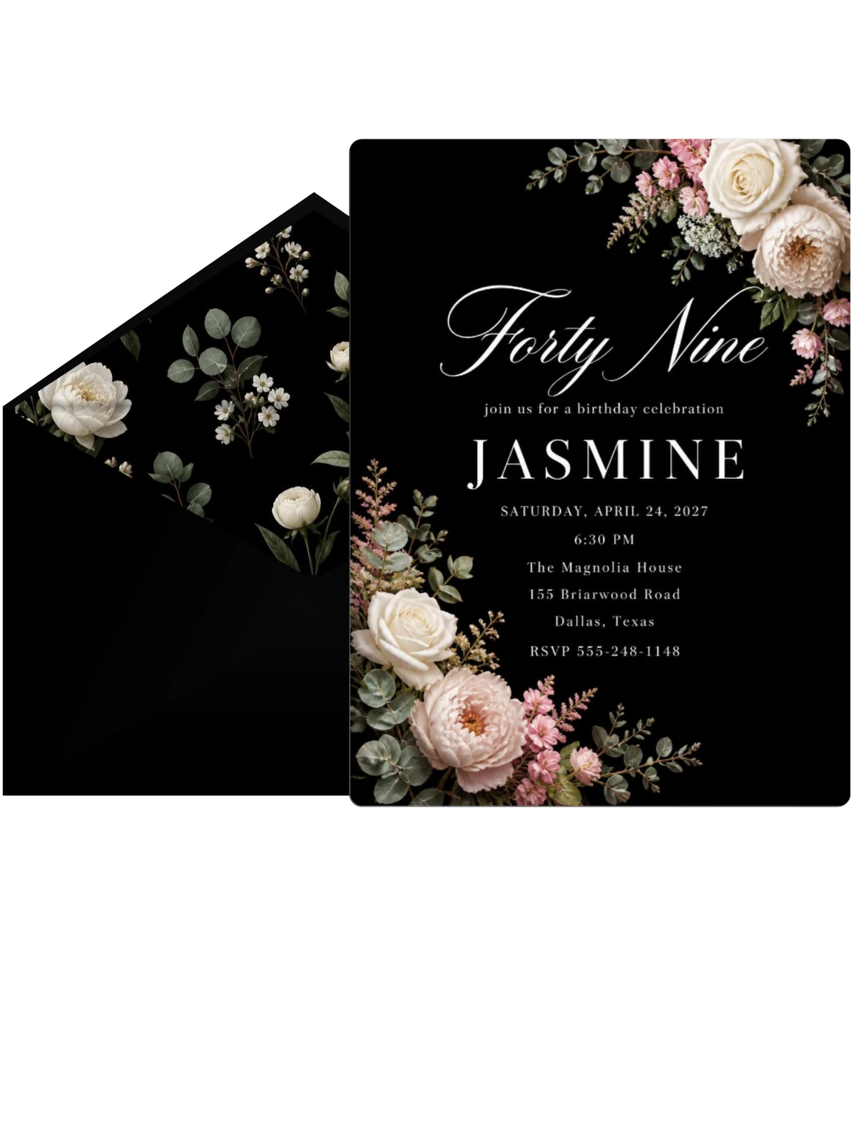 Black Floral 49th Birthday Invitation