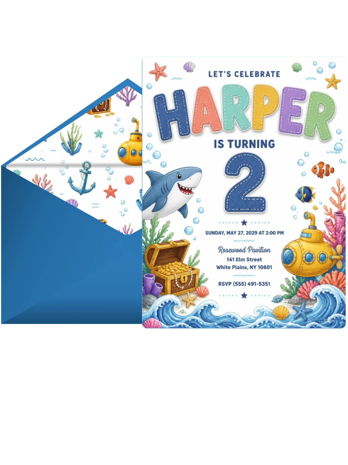 Stitched Shark 2nd Birthday Invitation