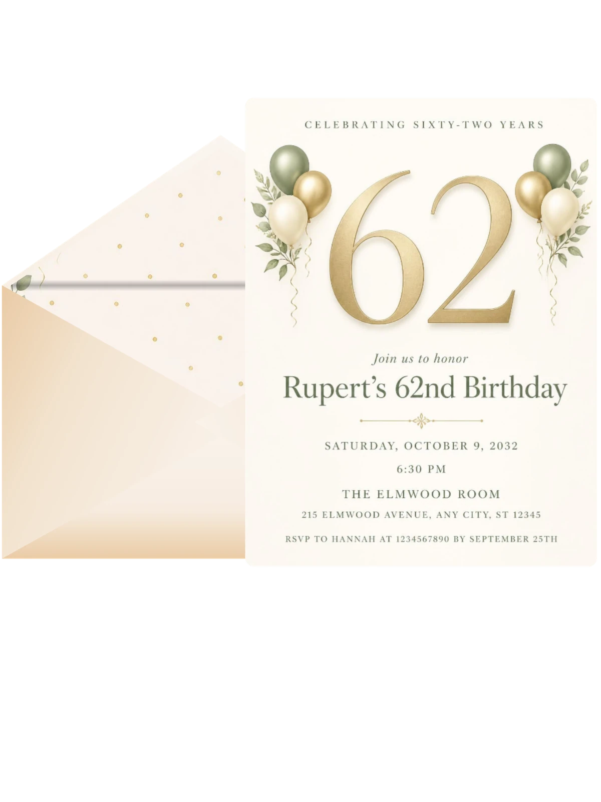 Sage and Ivory 62nd Birthday Invitation