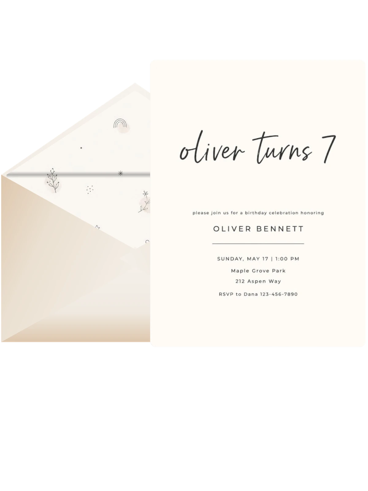 Cream Black Minimalist 7th Birthday Invitation