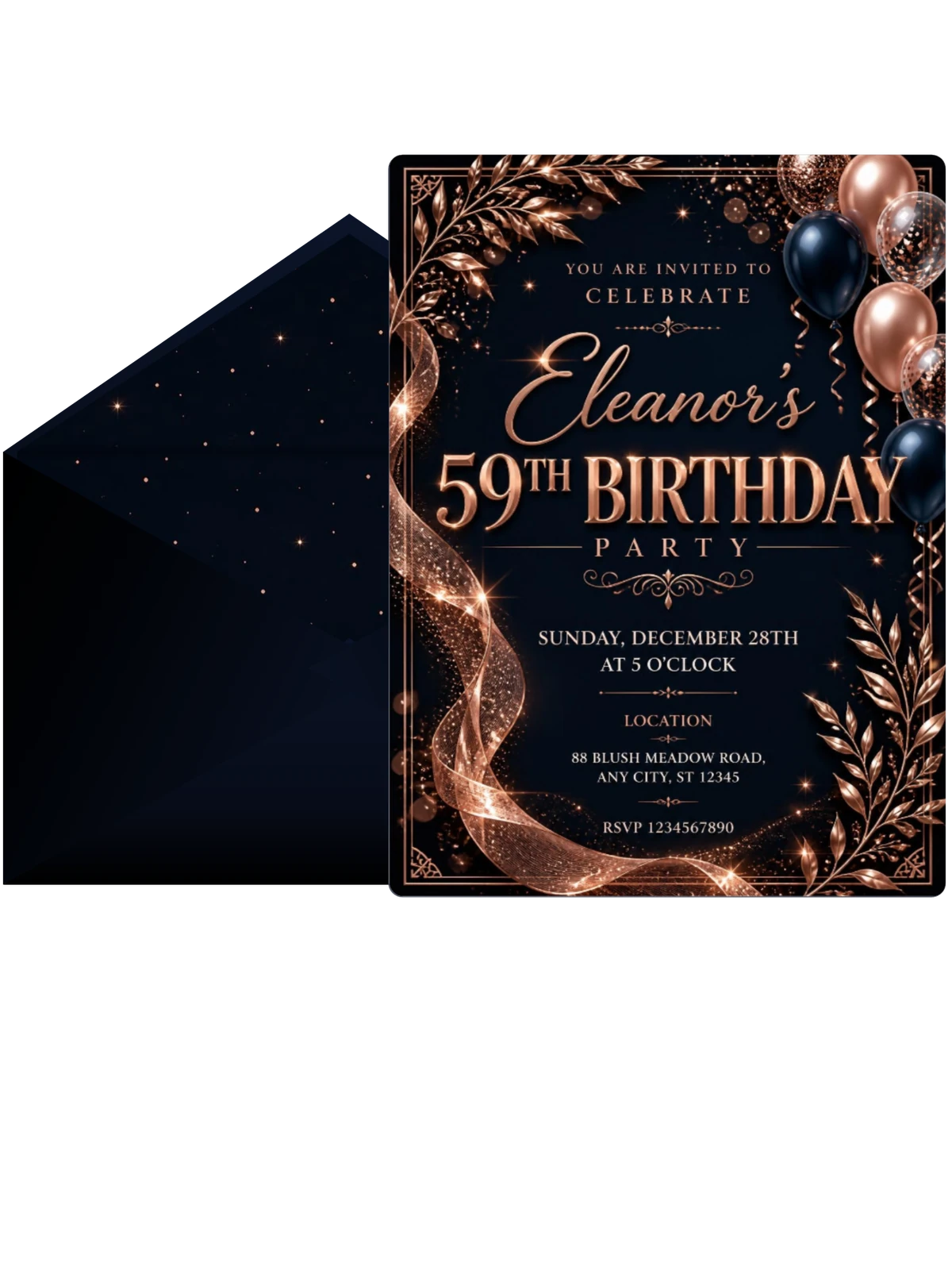 Navy and Rose Gold 59th Birthday Invitation