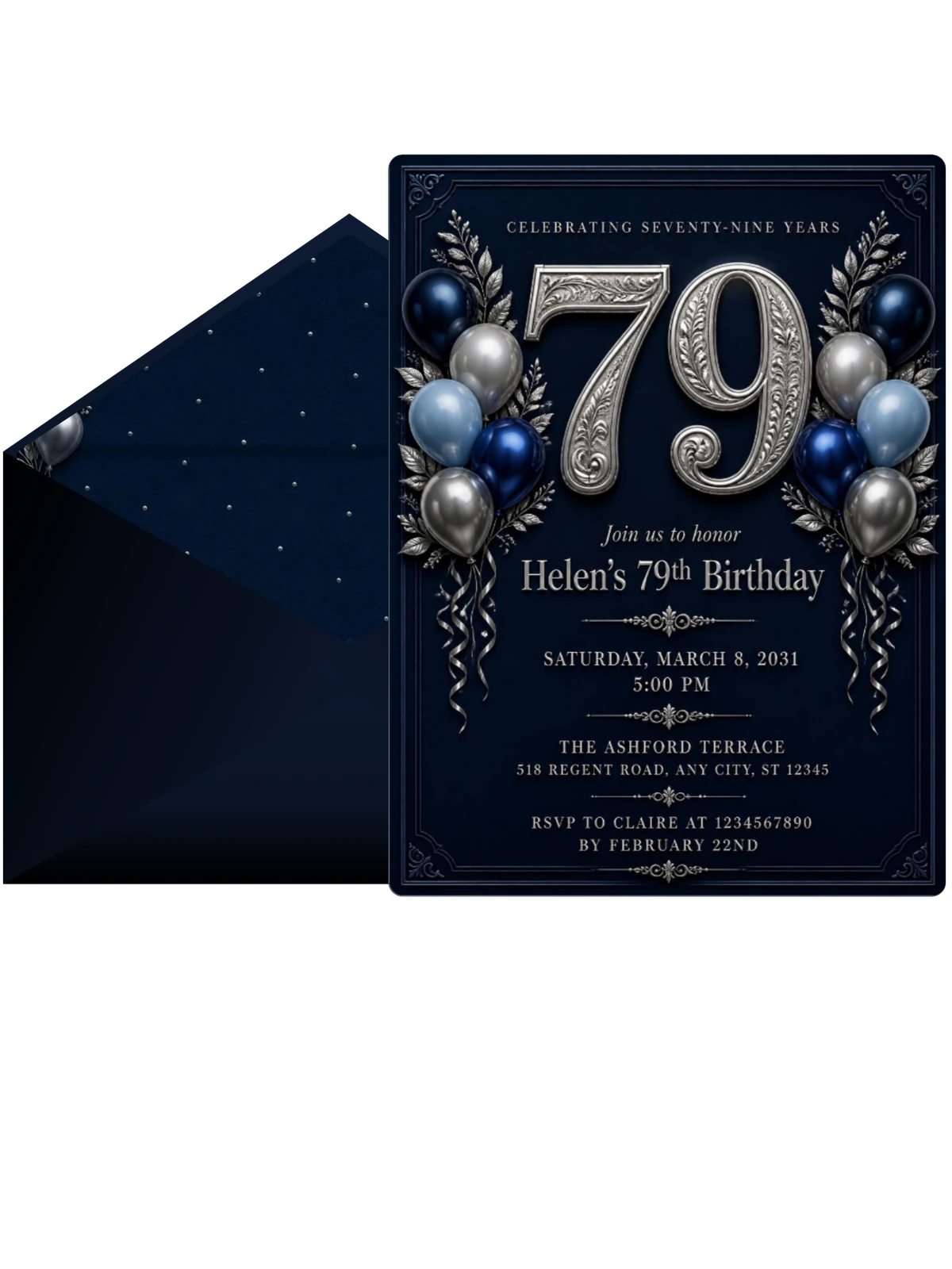 Navy and Silver 79th Birthday Invitation