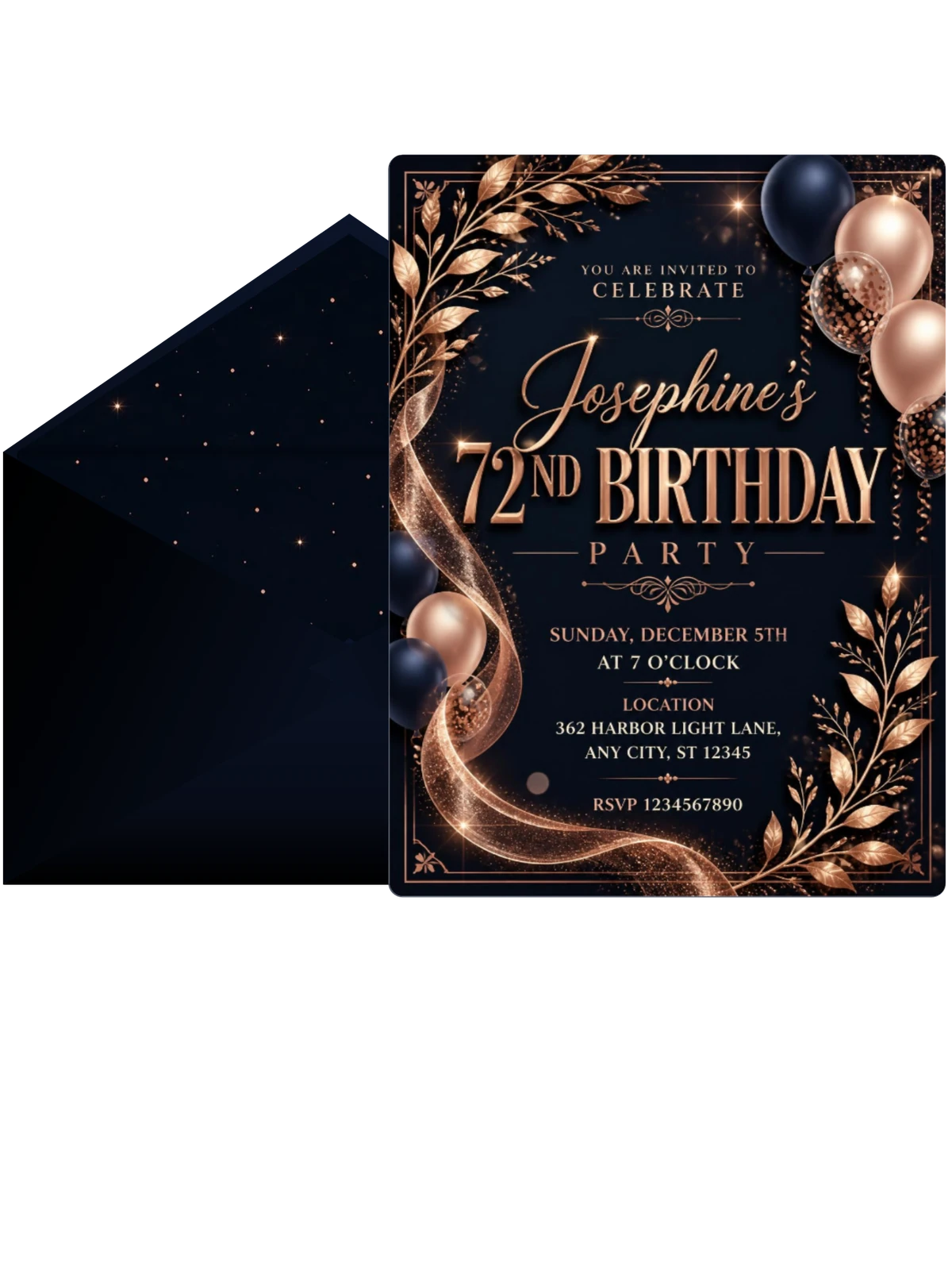 Navy and Rose Gold 72nd Birthday Invitation