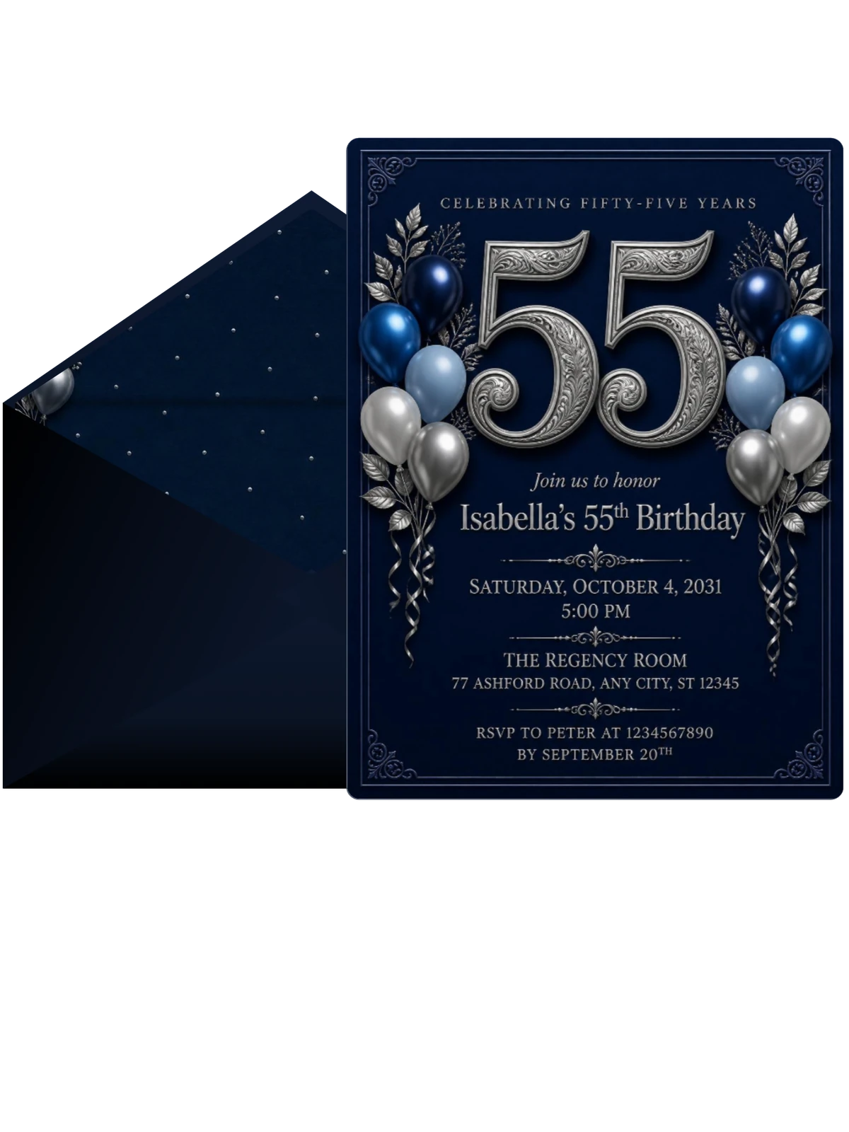 Navy and Silver 55th Birthday Invitation