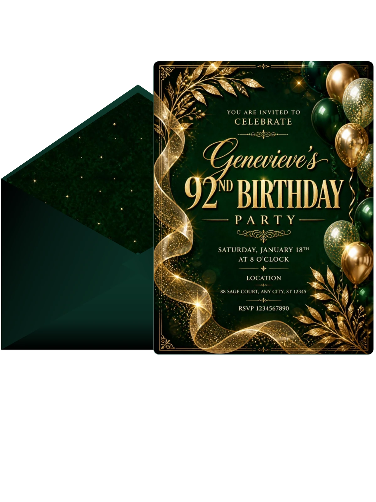 Emerald and Champagne 92nd Birthday Invitation