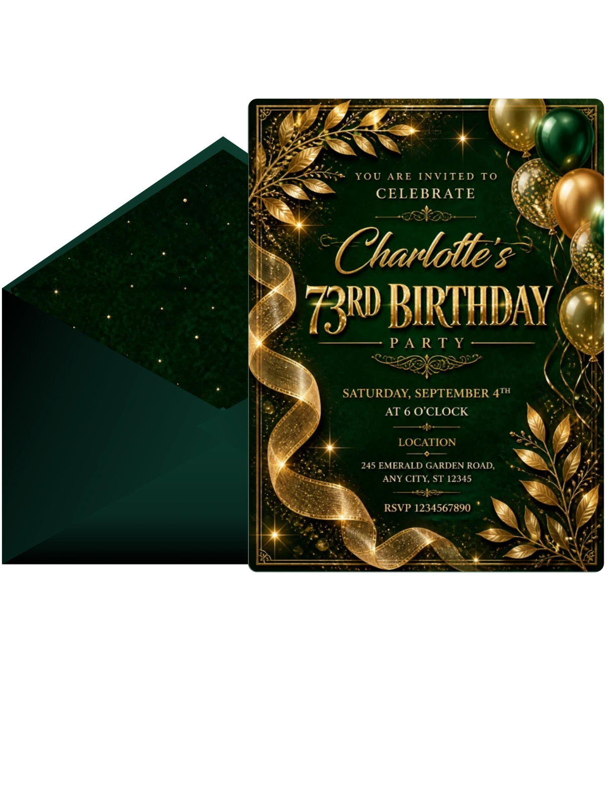 Emerald and Champagne 73rd Birthday Invitation
