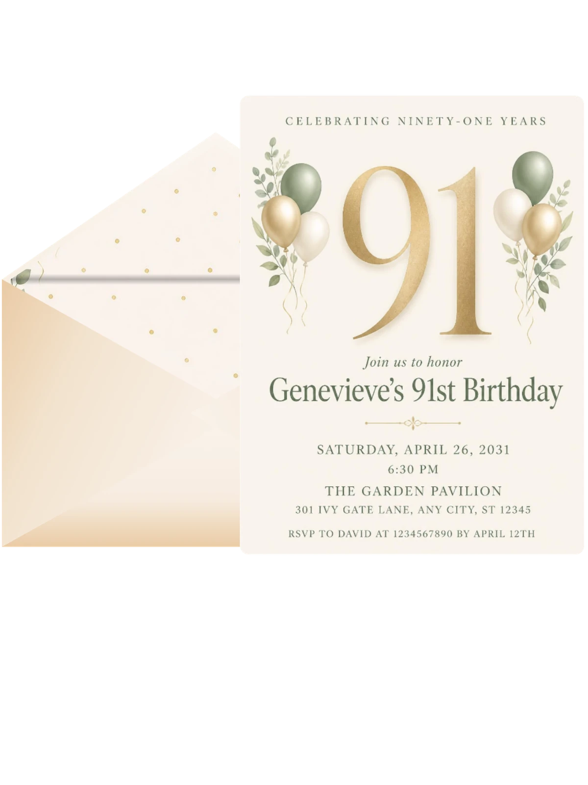 Sage and Ivory 91st Birthday Invitation