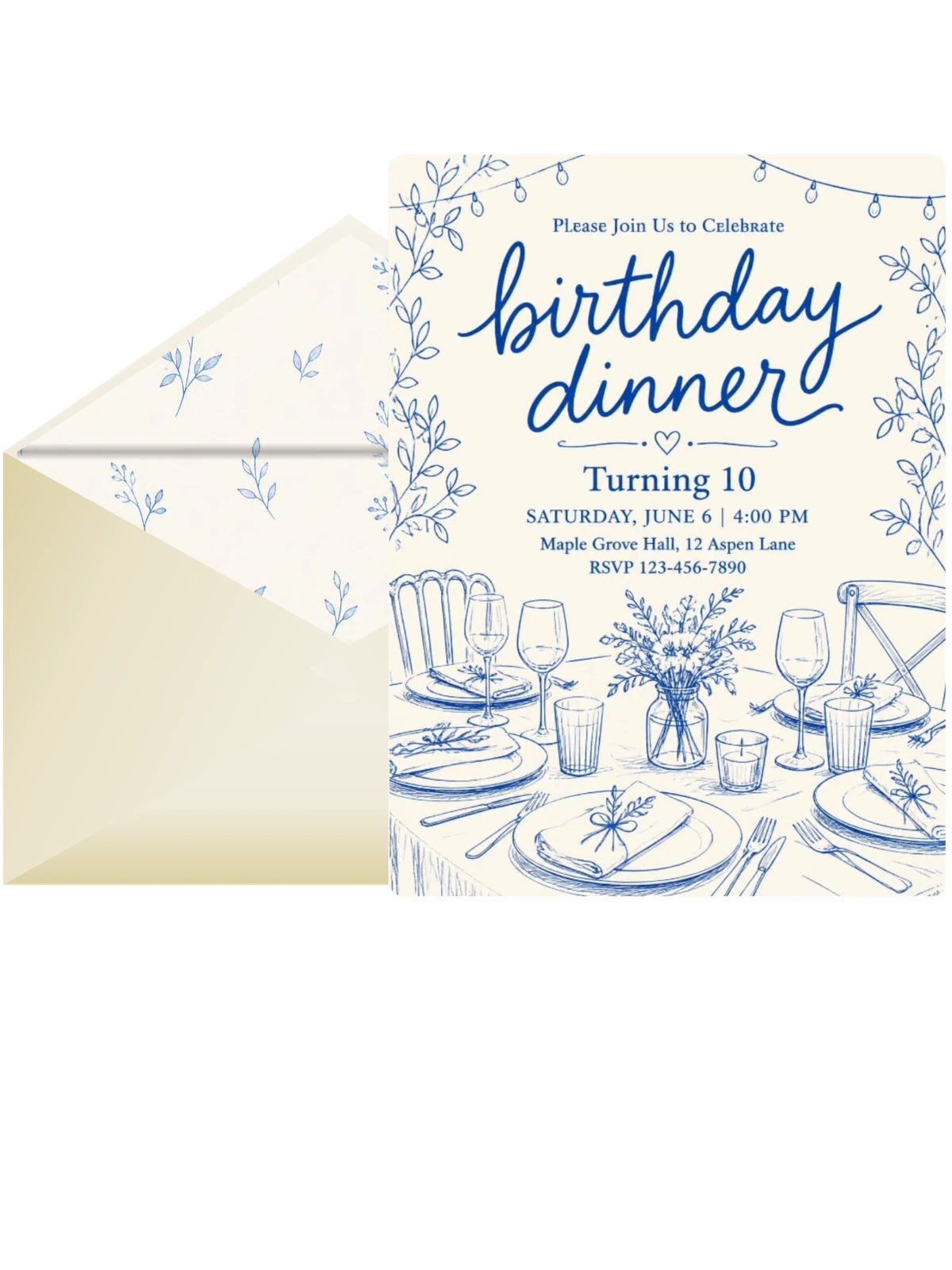 Blue Line-Art Botanical 10th Birthday Dinner