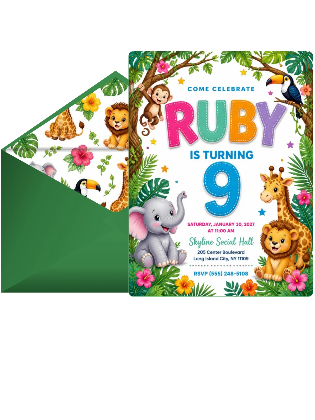 Stitched Safari 9th Birthday Invitation