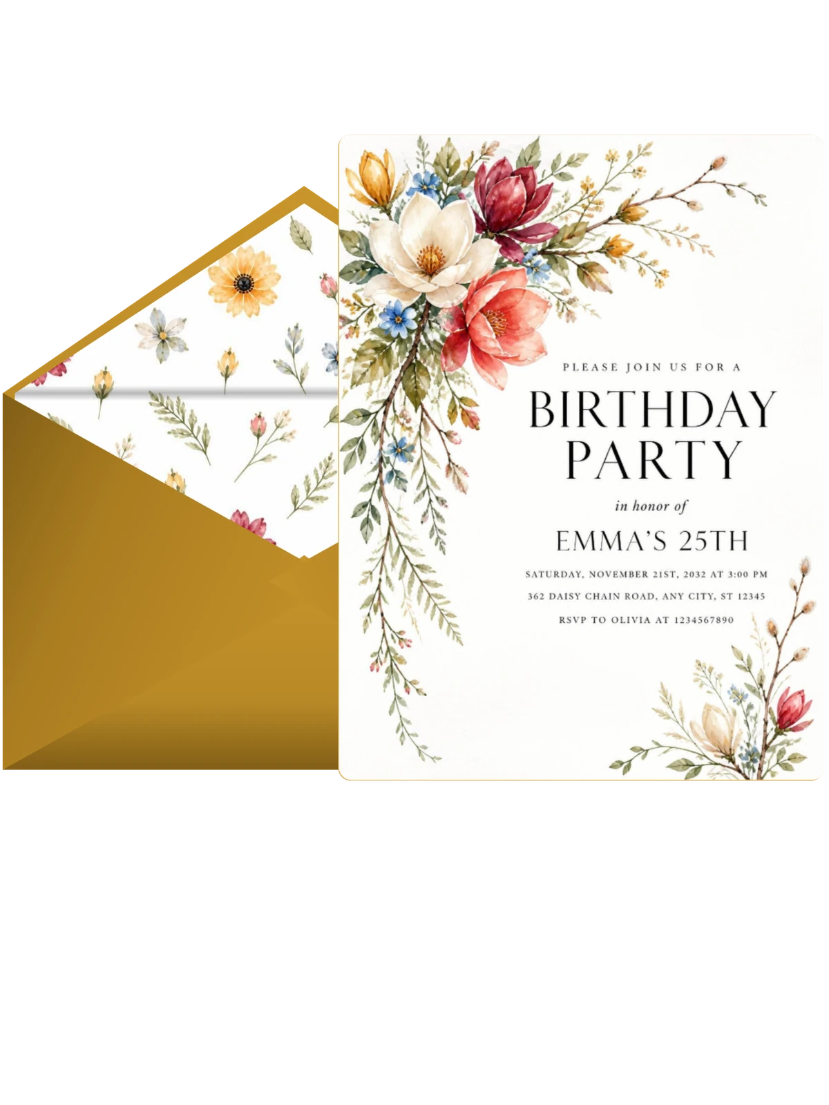 Botanical Sprig Golden 25th Birthday Invitation