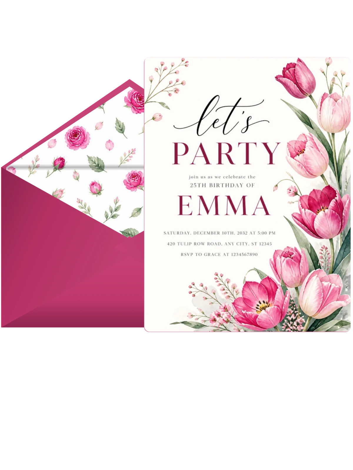 Fuchsia Tulip Botanical 25th Birthday Invitation