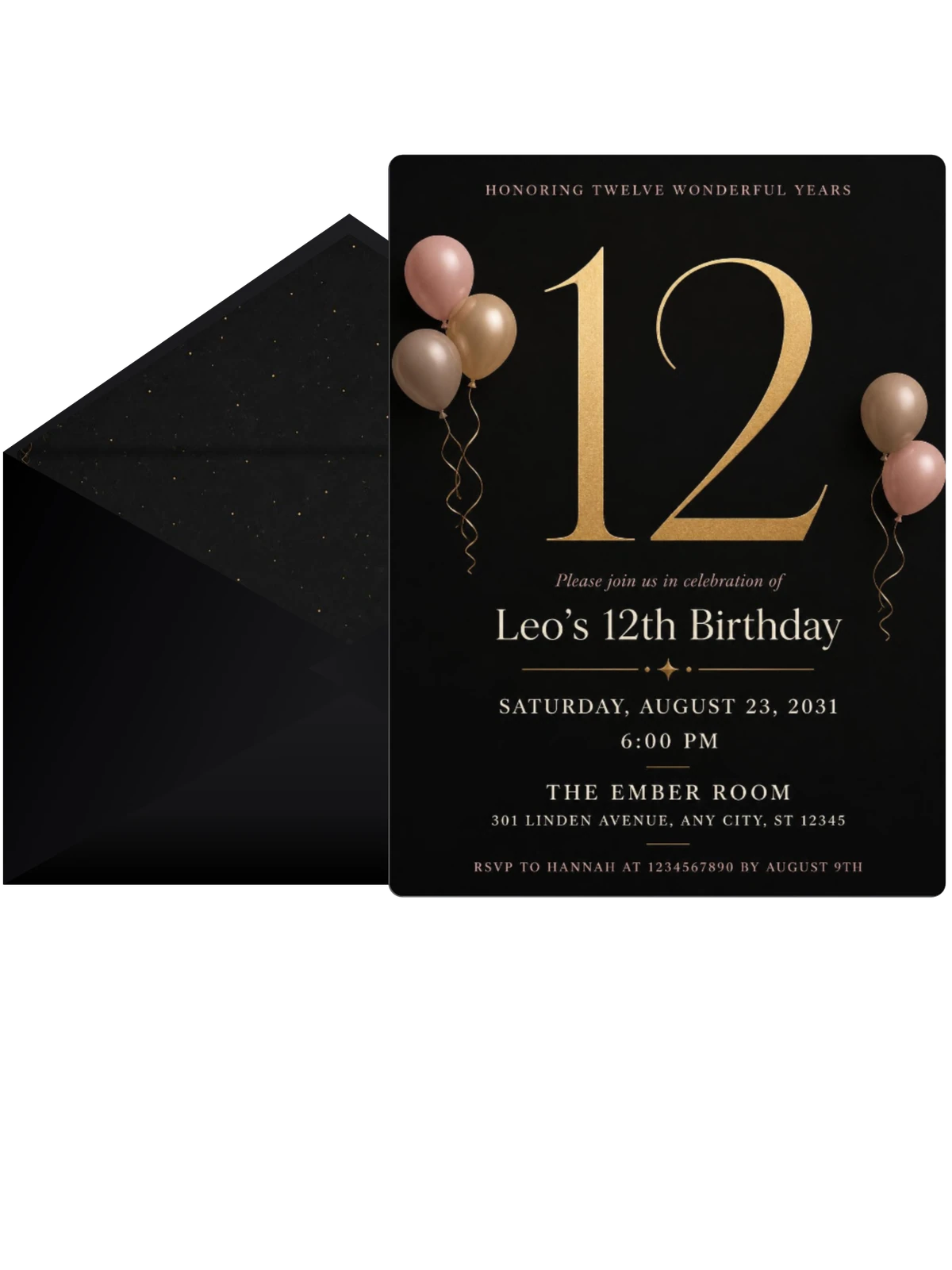 Charcoal and Blush 12th Birthday Invitation