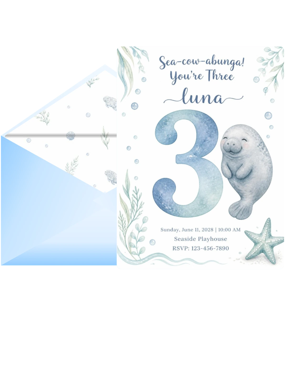 Blue Watercolor Manatee 3rd Birthday