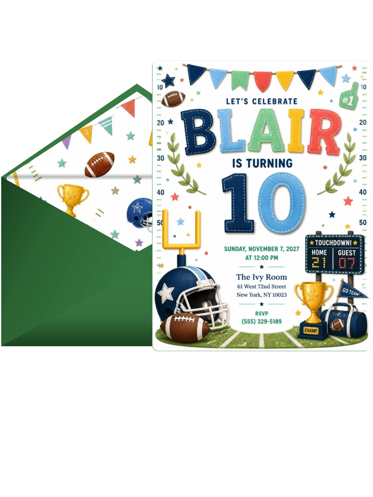 Stitched Football 10th Birthday Invitation