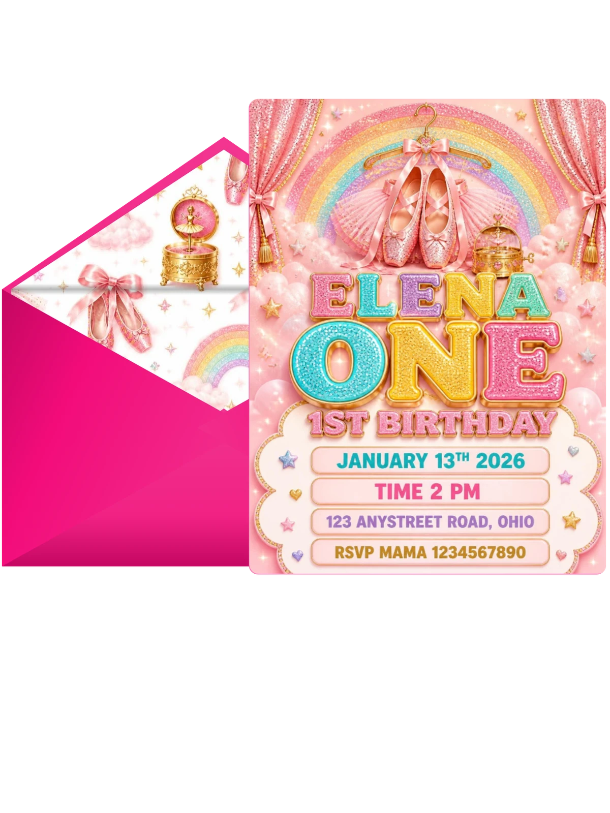 Glitter Ballet 1st Birthday Invitation